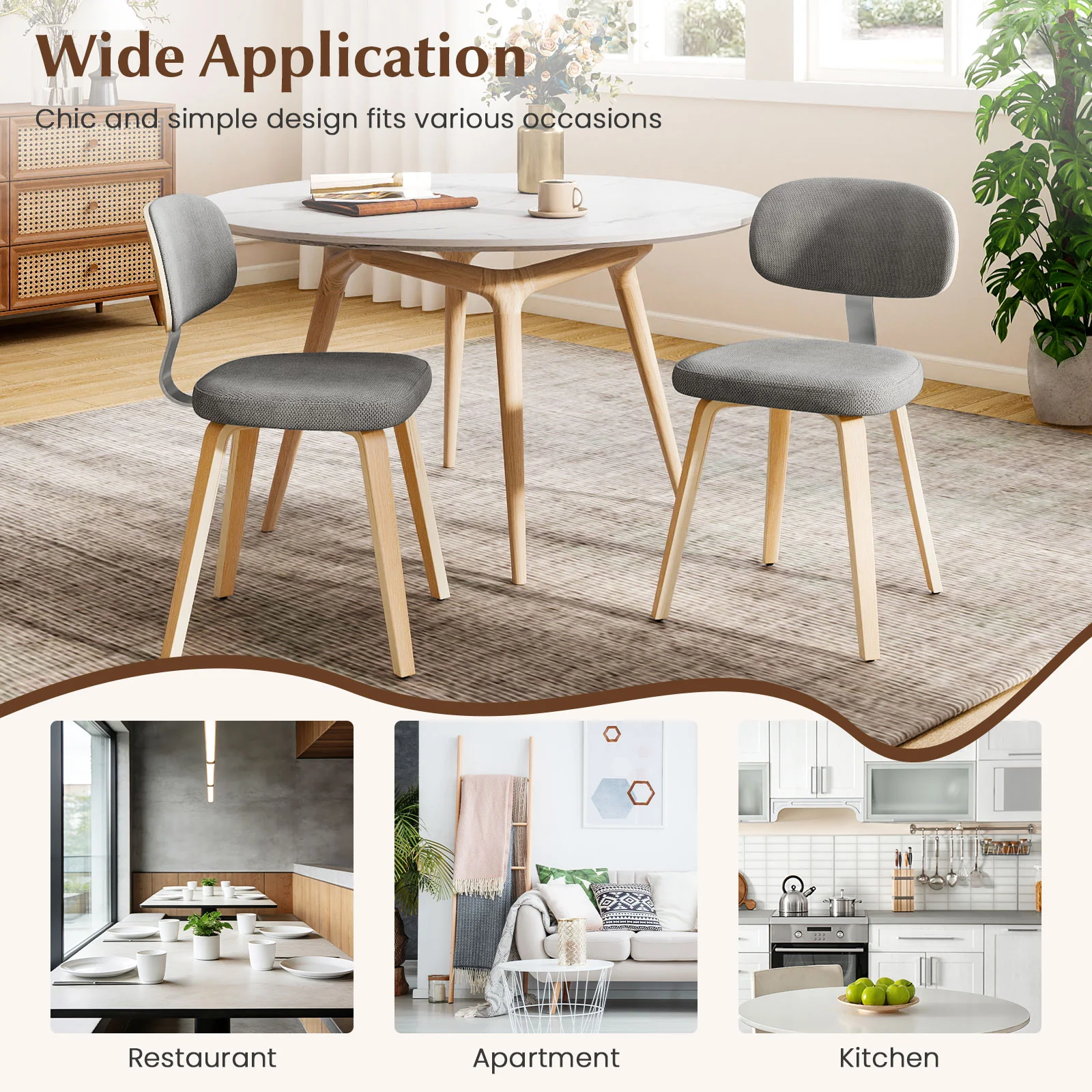 Chenille Fabric Upholstered Wooden Kitchen Chairs Set of 2, Gray - Image 7