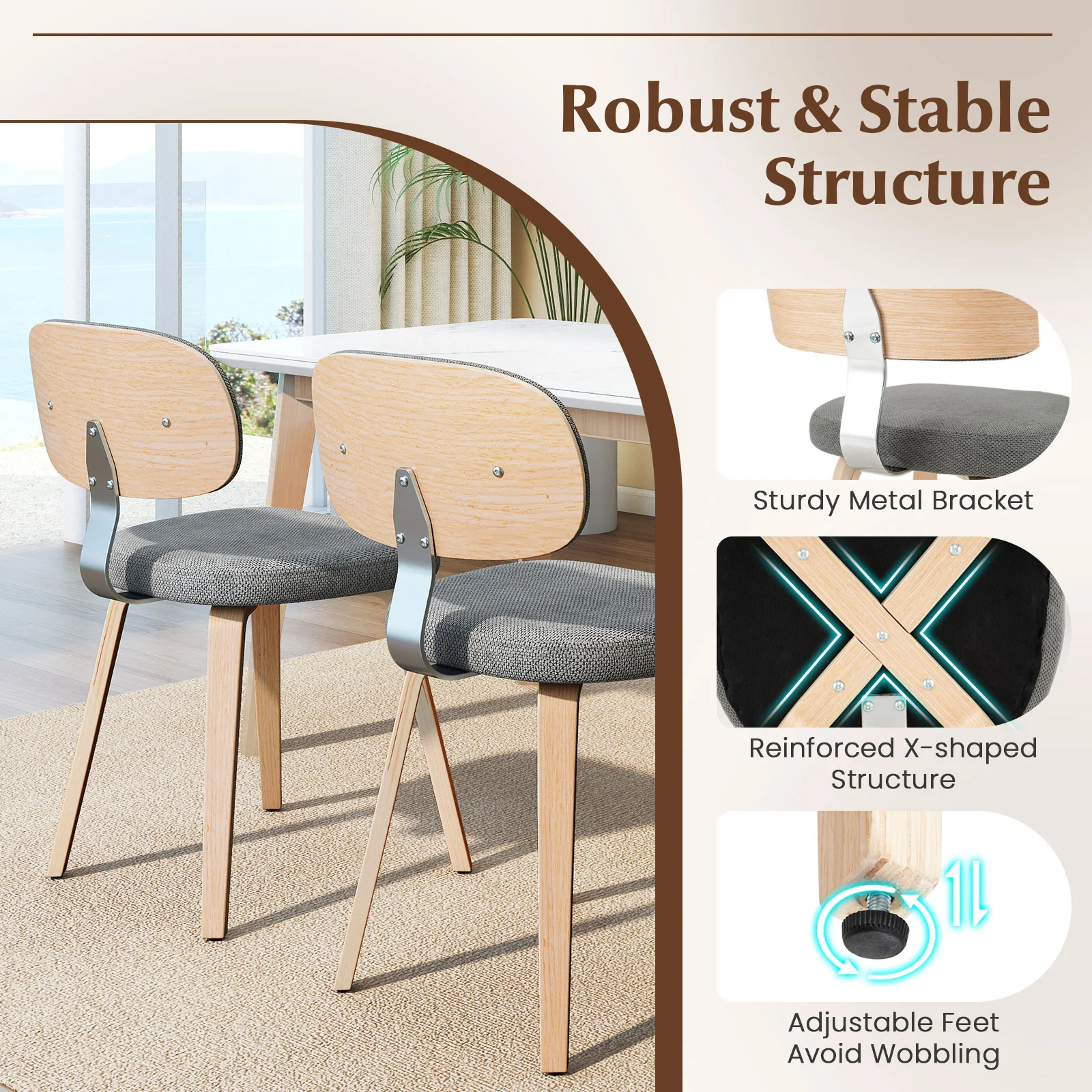 Chenille Fabric Upholstered Wooden Kitchen Chairs Set of 2, Gray - Image 8