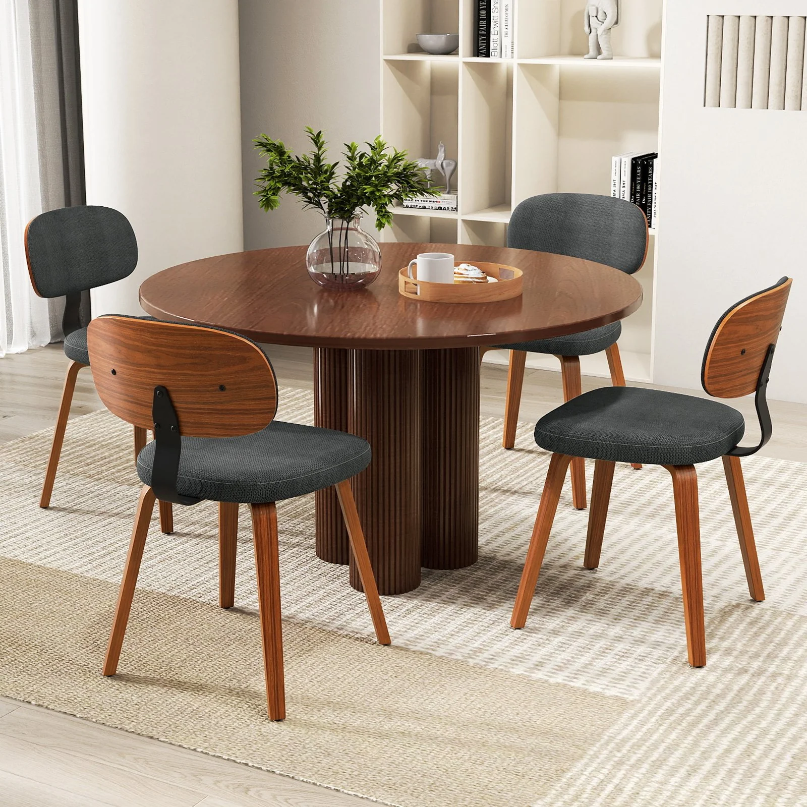 Chenille Fabric Upholstered Wooden Kitchen Chairs Set of 4, Dark Gray - Image 2