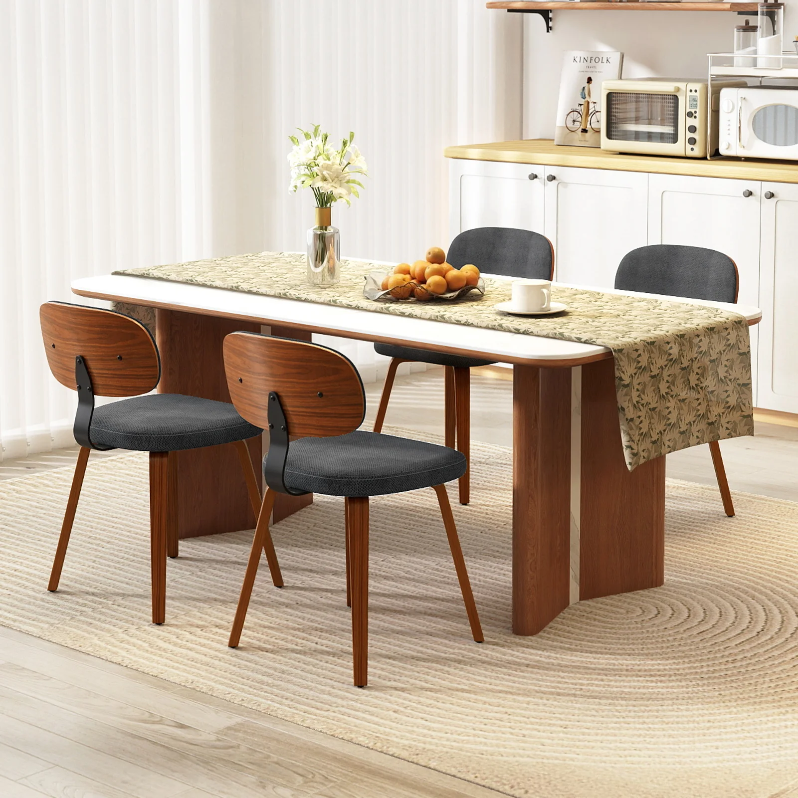 Chenille Fabric Upholstered Wooden Kitchen Chairs Set of 4, Dark Gray - Image 3
