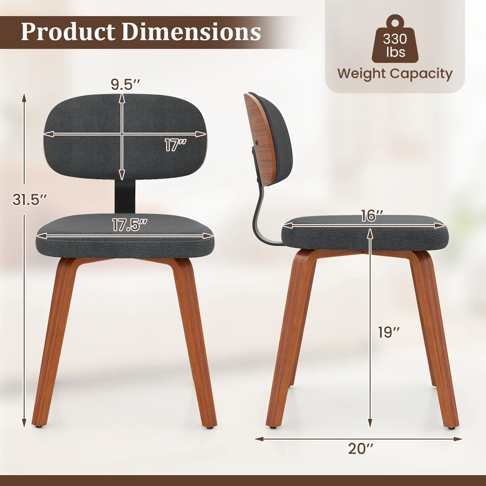 Chenille Fabric Upholstered Wooden Kitchen Chairs Set of 4, Dark Gray - Image 4