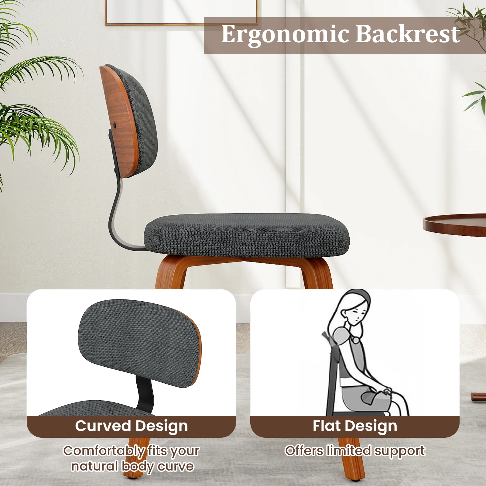 Chenille Fabric Upholstered Wooden Kitchen Chairs Set of 4, Dark Gray - Image 5