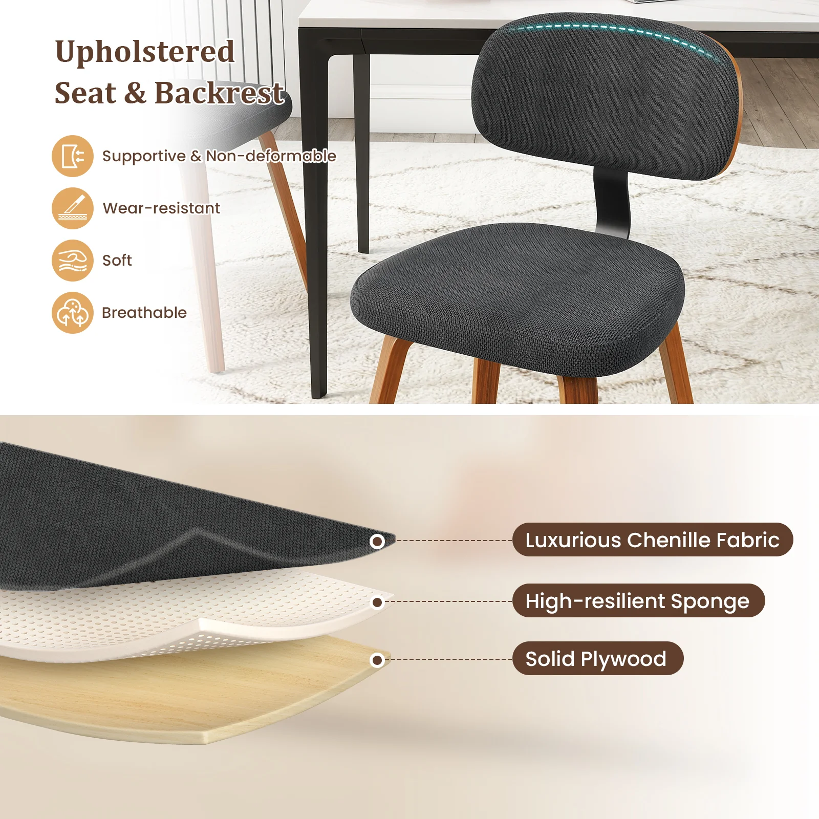 Chenille Fabric Upholstered Wooden Kitchen Chairs Set of 4, Dark Gray - Image 6