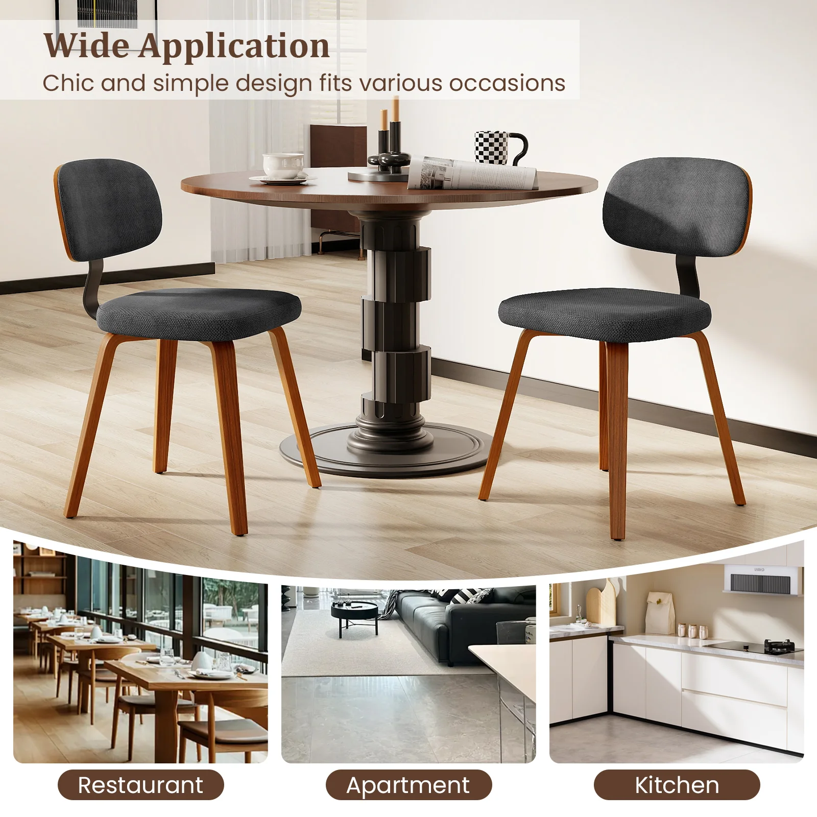 Chenille Fabric Upholstered Wooden Kitchen Chairs Set of 4, Dark Gray - Image 7