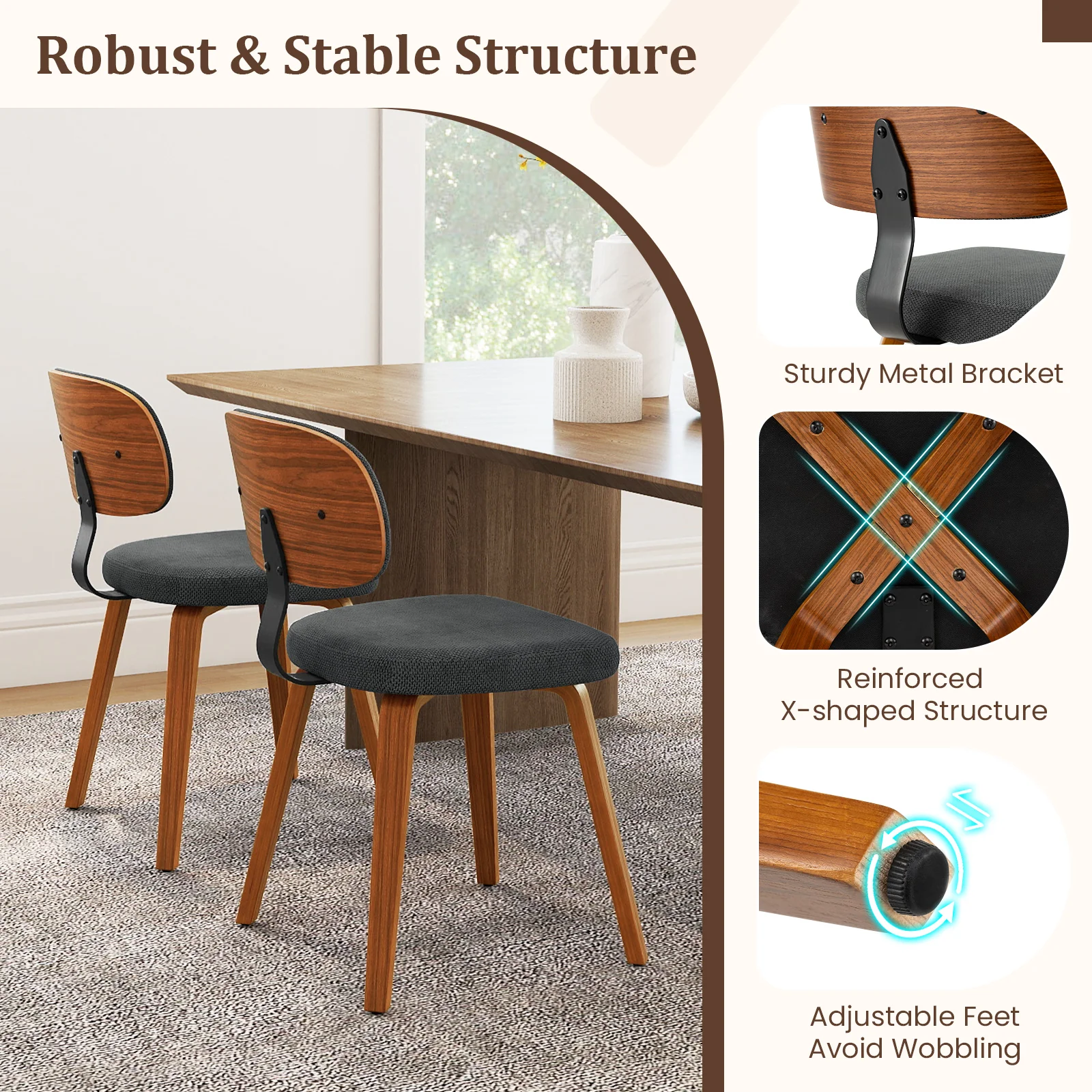 Chenille Fabric Upholstered Wooden Kitchen Chairs Set of 4, Dark Gray - Image 8