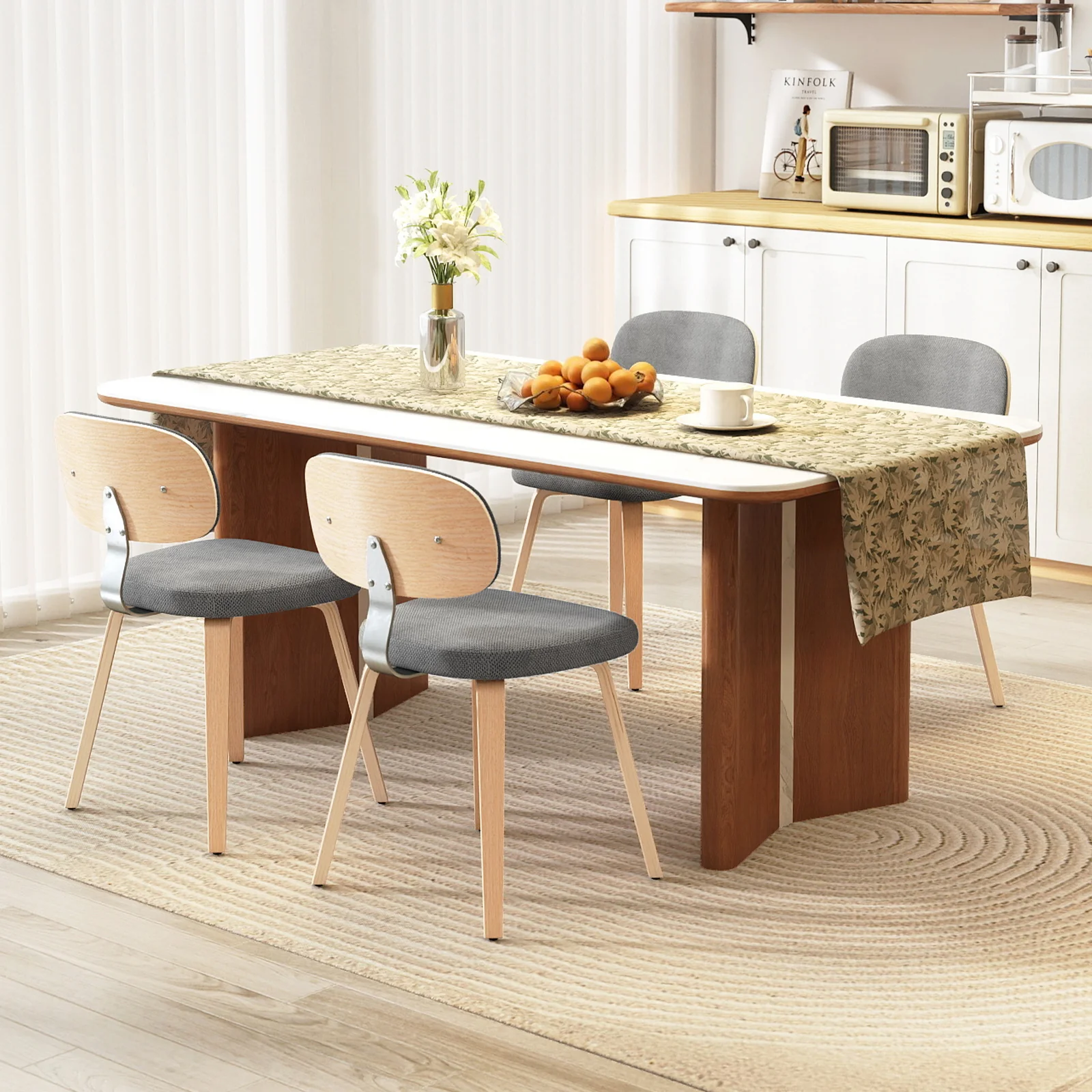 Chenille Fabric Upholstered Wooden Kitchen Chairs Set of 4, Gray - Image 3