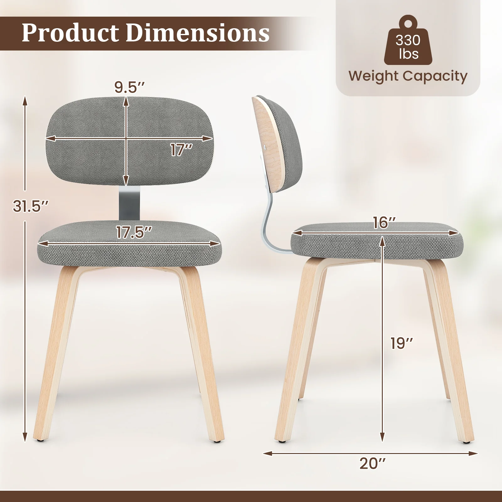 Chenille Fabric Upholstered Wooden Kitchen Chairs Set of 4, Gray - Image 4