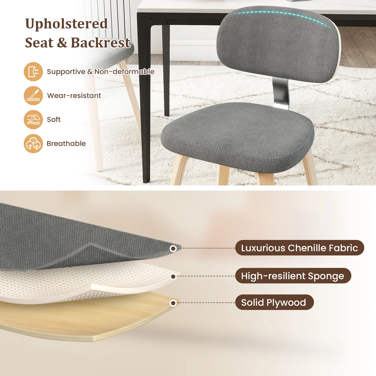 Chenille Fabric Upholstered Wooden Kitchen Chairs Set of 4, Gray - Image 6