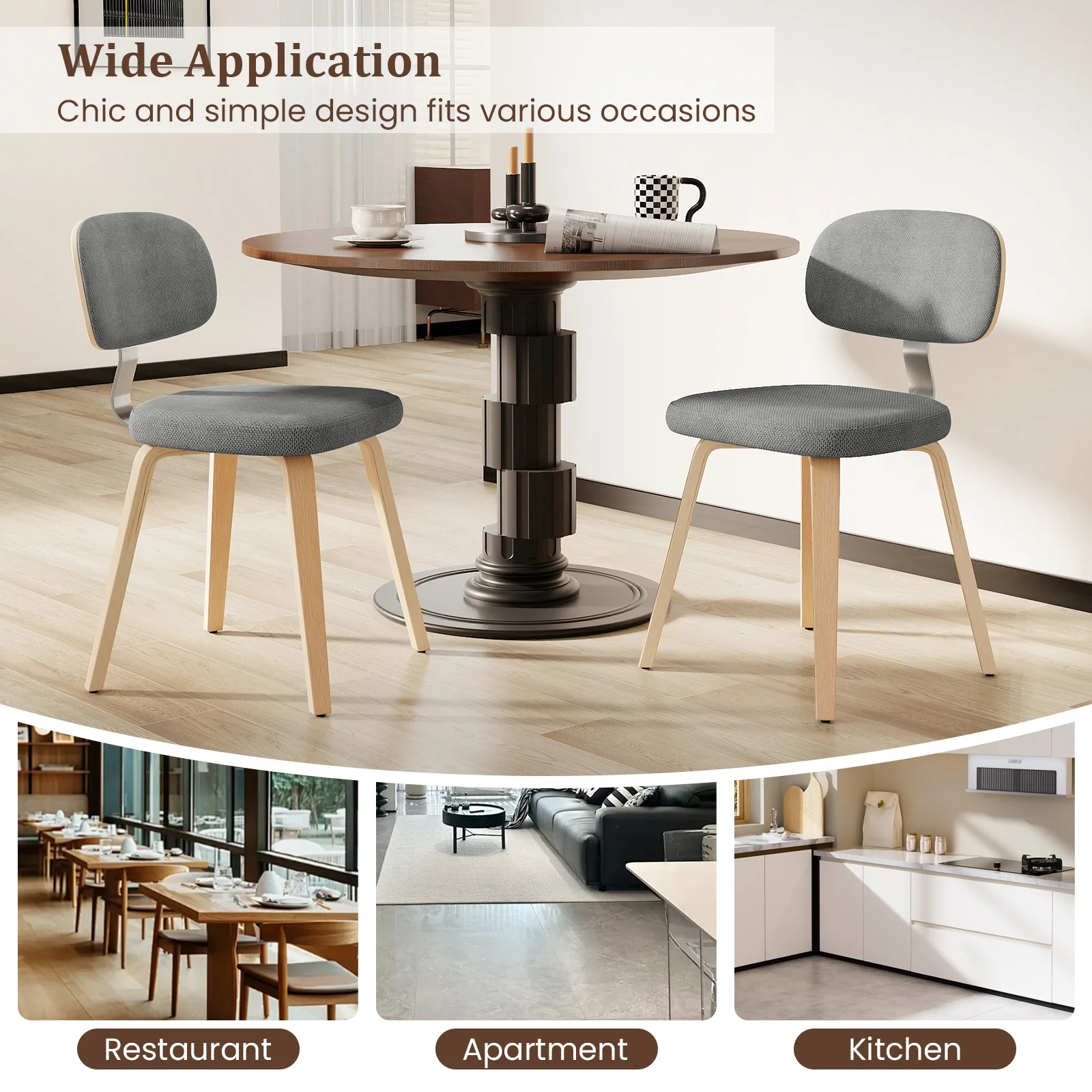 Chenille Fabric Upholstered Wooden Kitchen Chairs Set of 4, Gray - Image 7