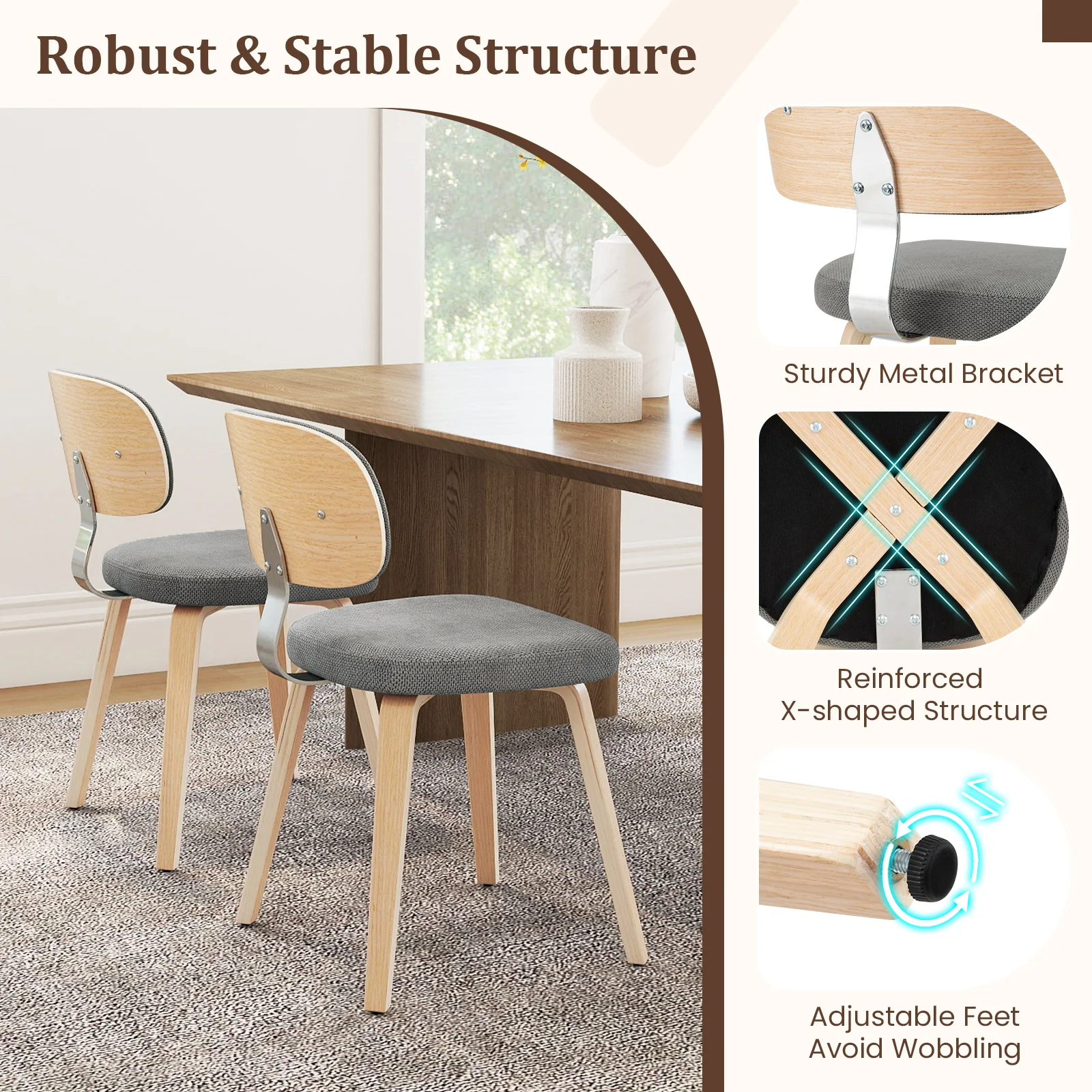 Chenille Fabric Upholstered Wooden Kitchen Chairs Set of 4, Gray - Image 8