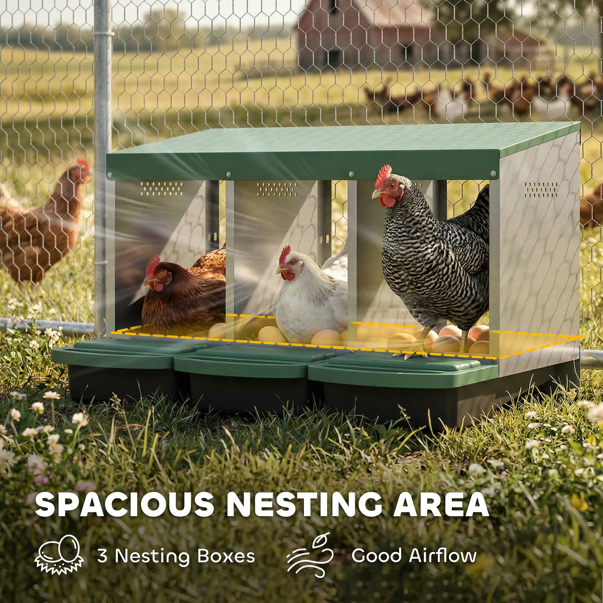 Chicken Nesting Boxes, 3 Compartment Metal Nesting Boxes for Chicken Coop, Egg Laying Boxes with Lid Cover - Image 5