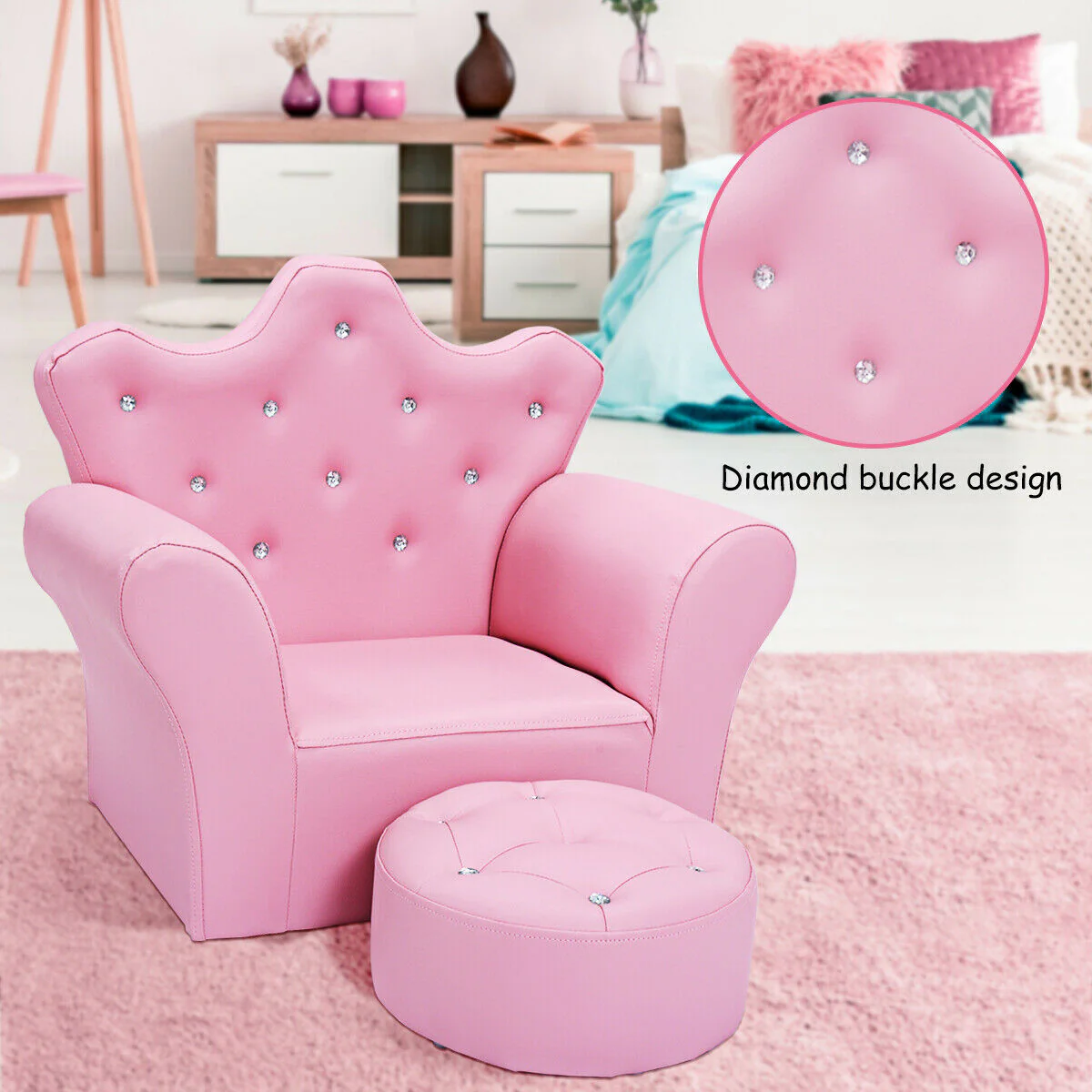 Children Upholstered Princess Sofa With Ottoman, Diamond Decoration, Pink - Image 3