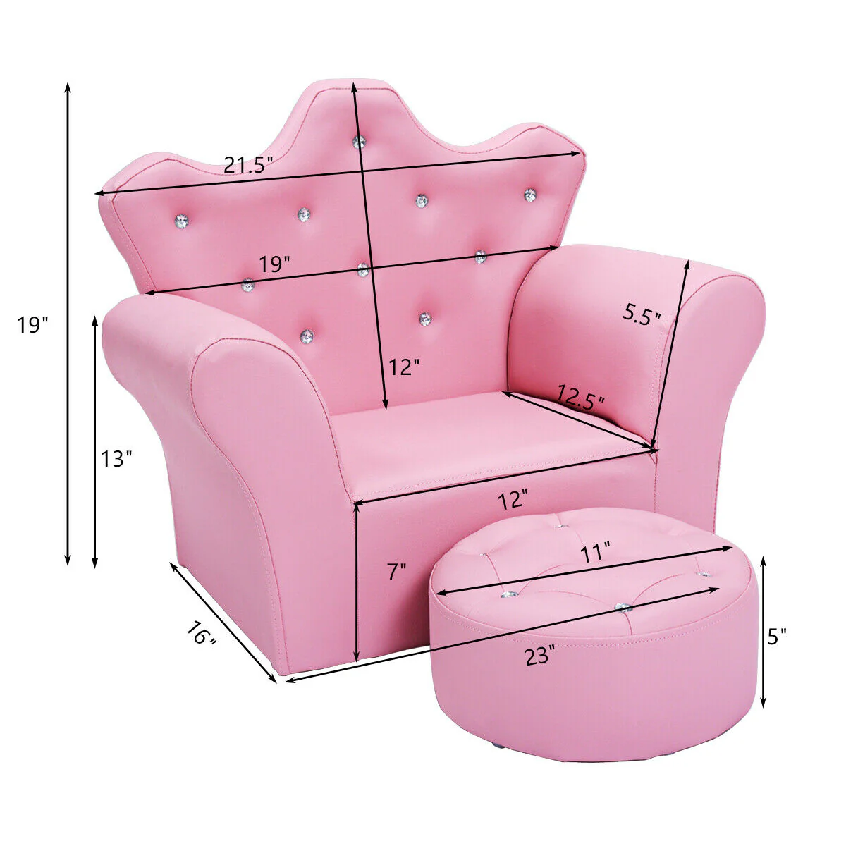 Children Upholstered Princess Sofa With Ottoman, Diamond Decoration, Pink - Image 5