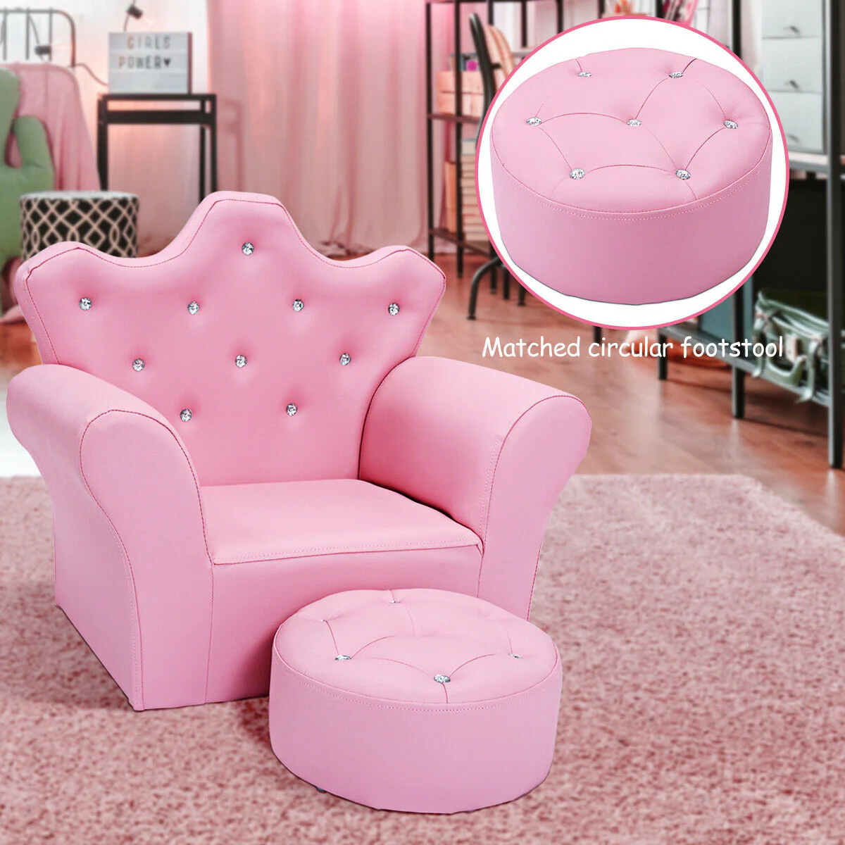 Children Upholstered Princess Sofa With Ottoman, Diamond Decoration, Pink - Image 9