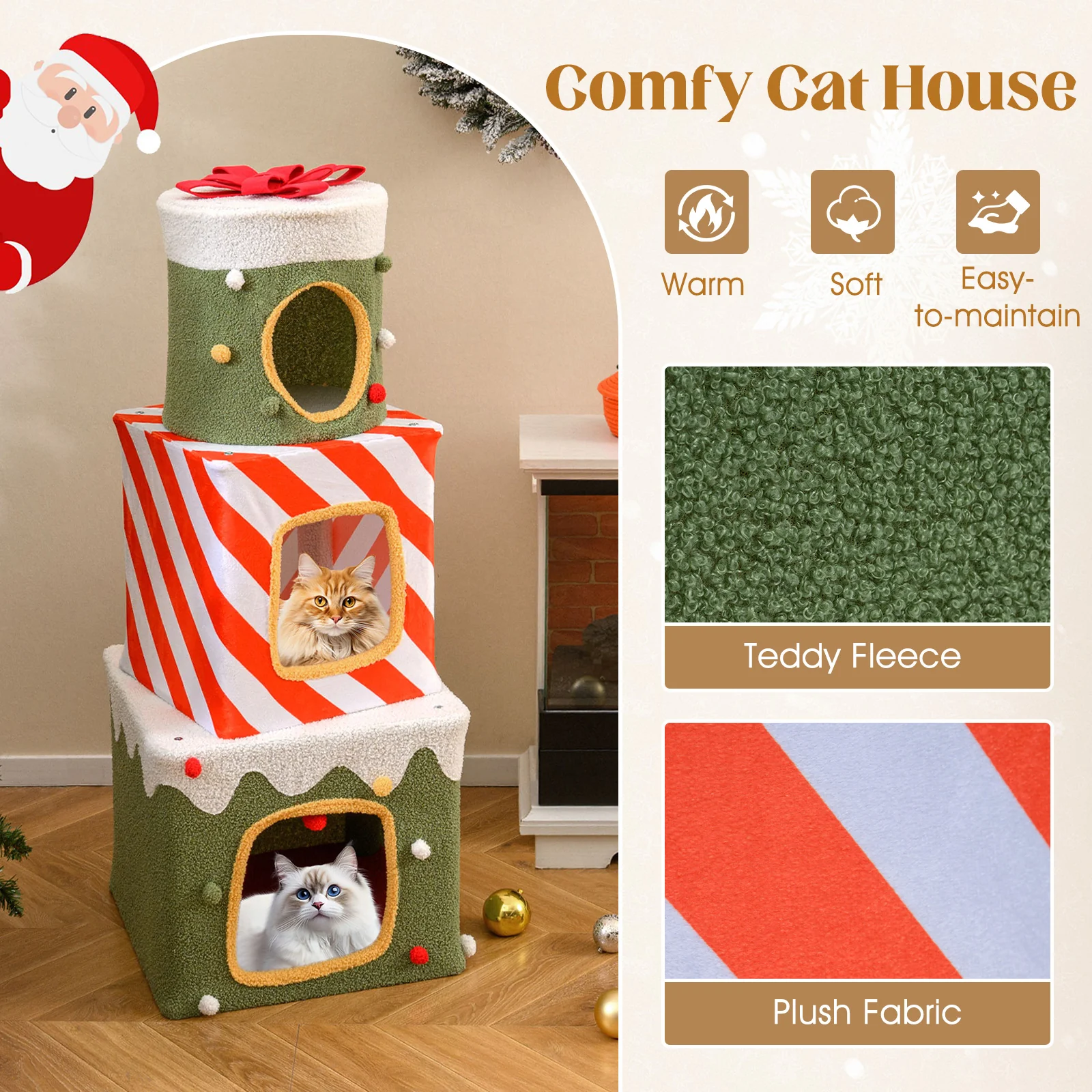 Christmas Cat Tree for Indoor Cats 47" Cute Cat Climbing Furniture with 3 Condos, Green - Image 10