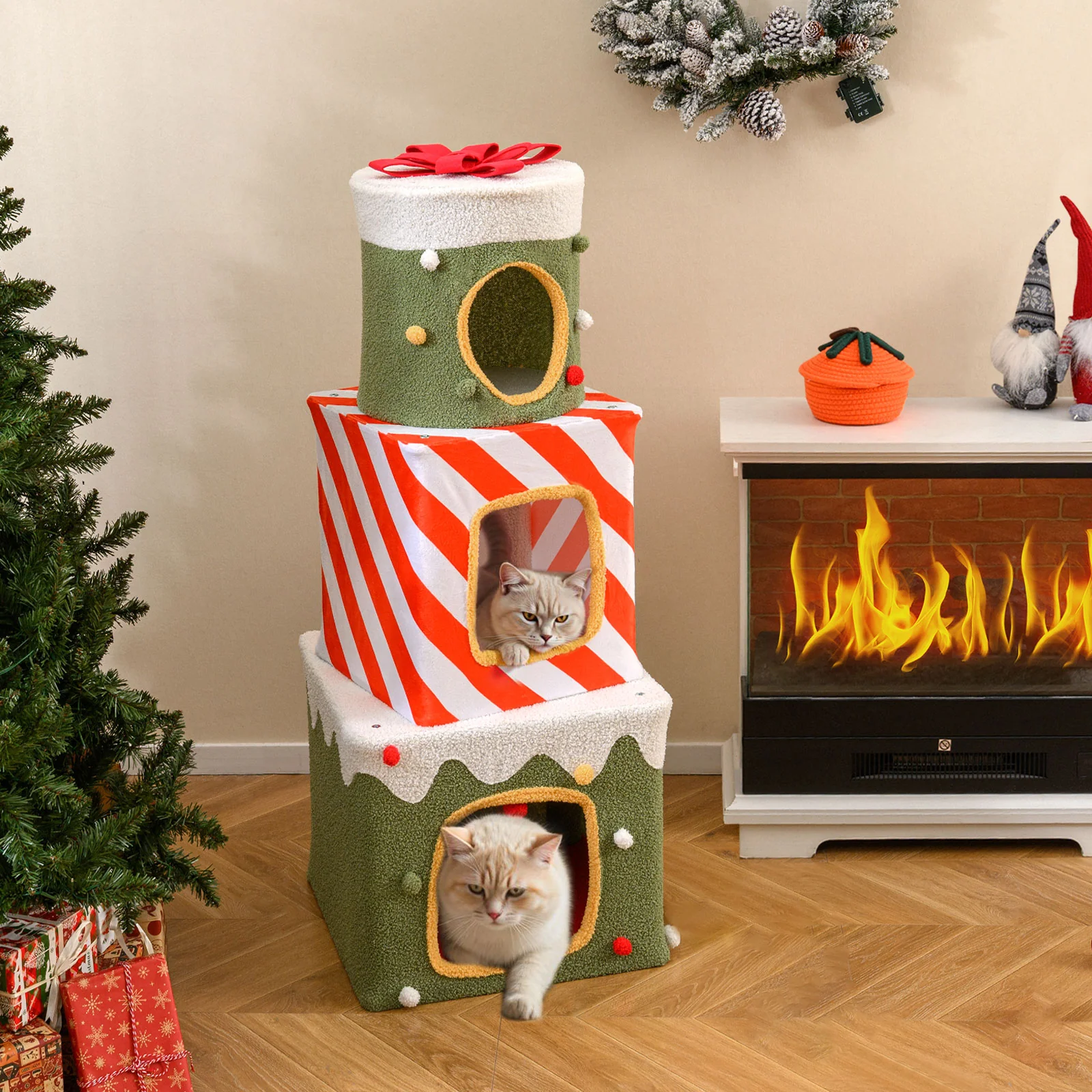 Christmas Cat Tree for Indoor Cats 47" Cute Cat Climbing Furniture with 3 Condos, Green - Image 2
