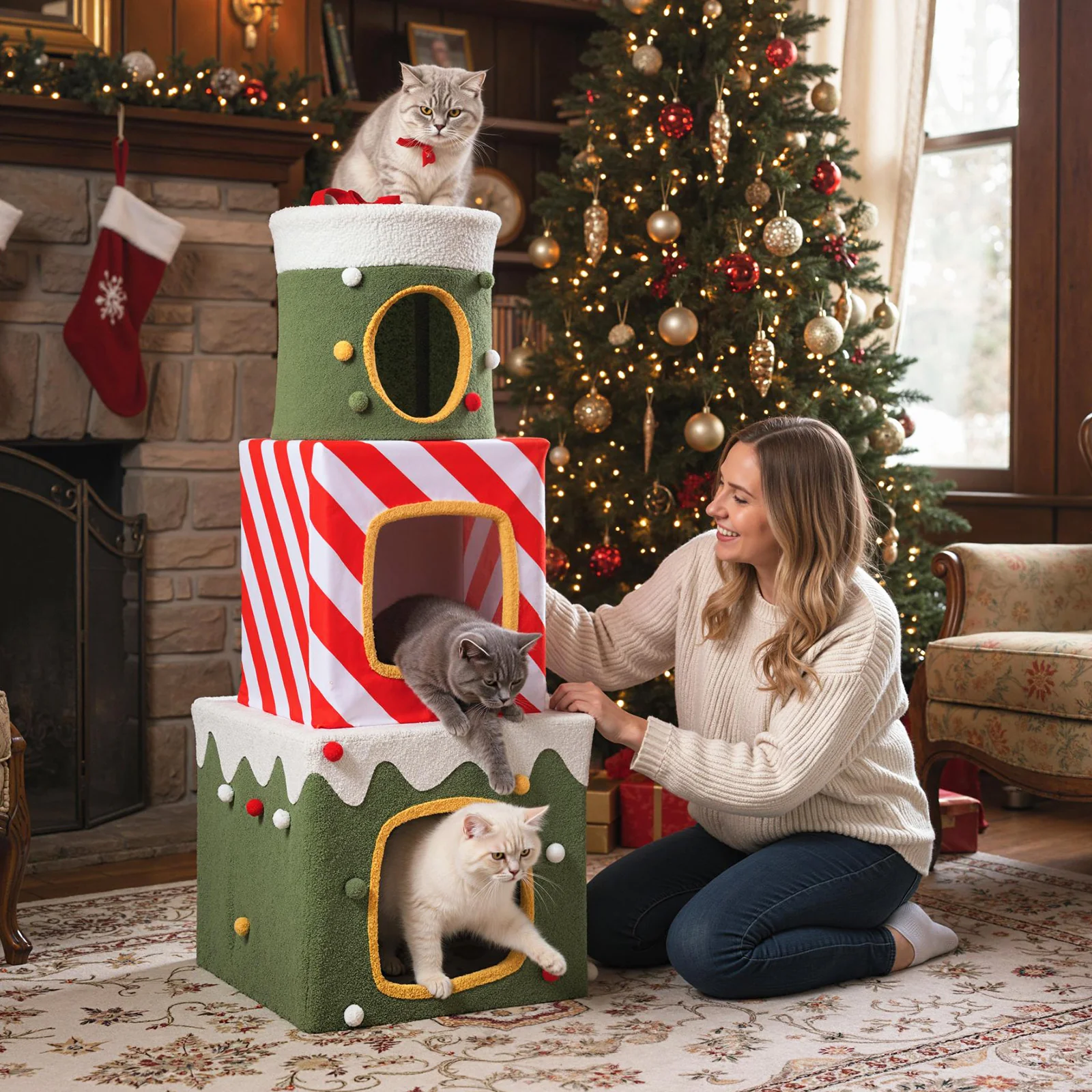 Christmas Cat Tree for Indoor Cats 47" Cute Cat Climbing Furniture with 3 Condos, Green - Image 3
