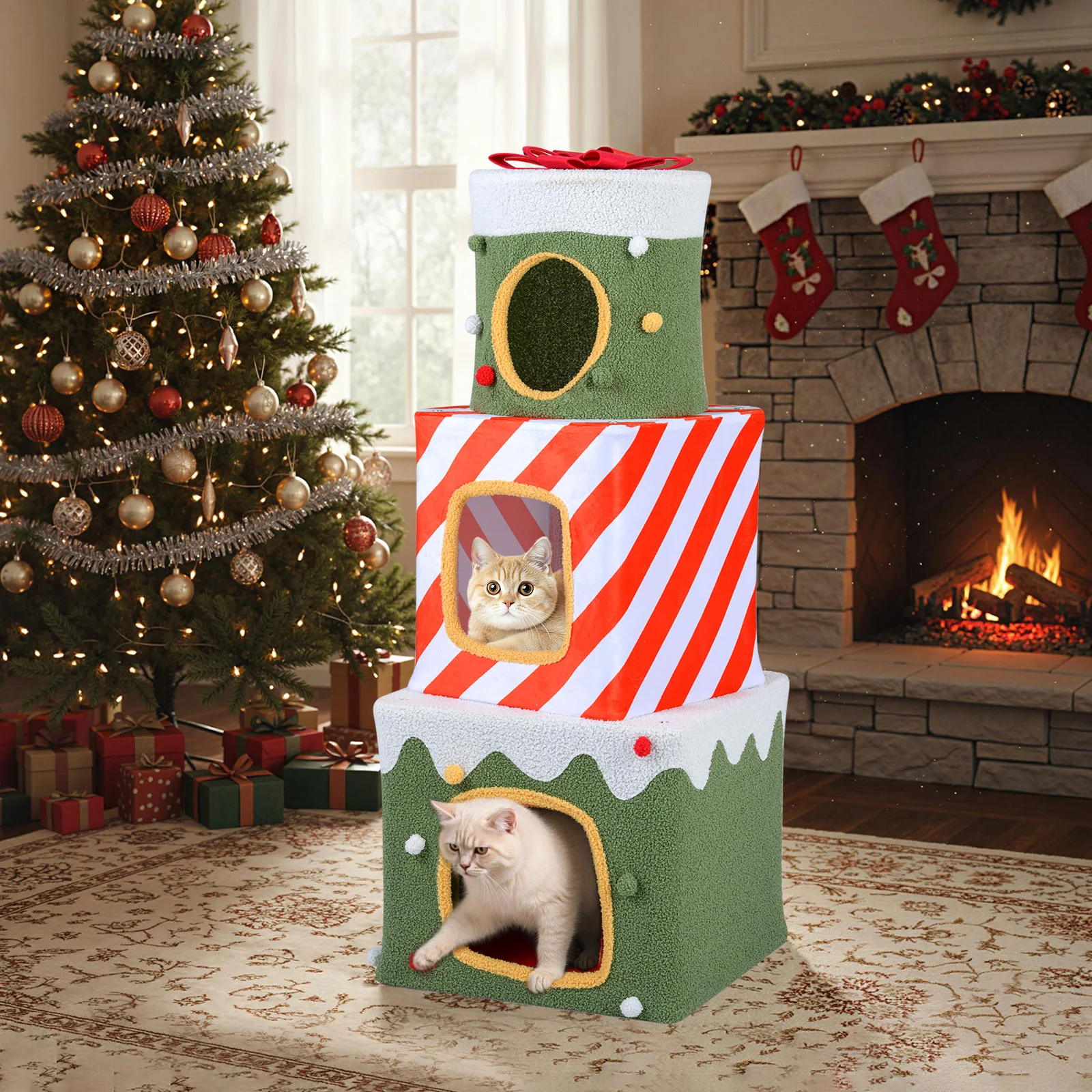 Christmas Cat Tree for Indoor Cats 47" Cute Cat Climbing Furniture with 3 Condos, Green - Image 7
