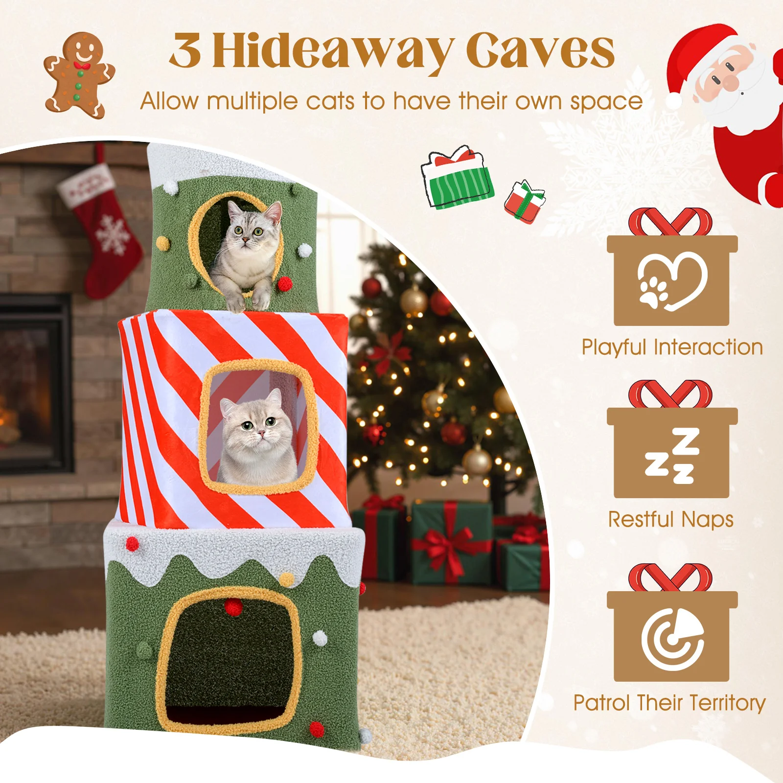Christmas Cat Tree for Indoor Cats 47" Cute Cat Climbing Furniture with 3 Condos, Green - Image 8