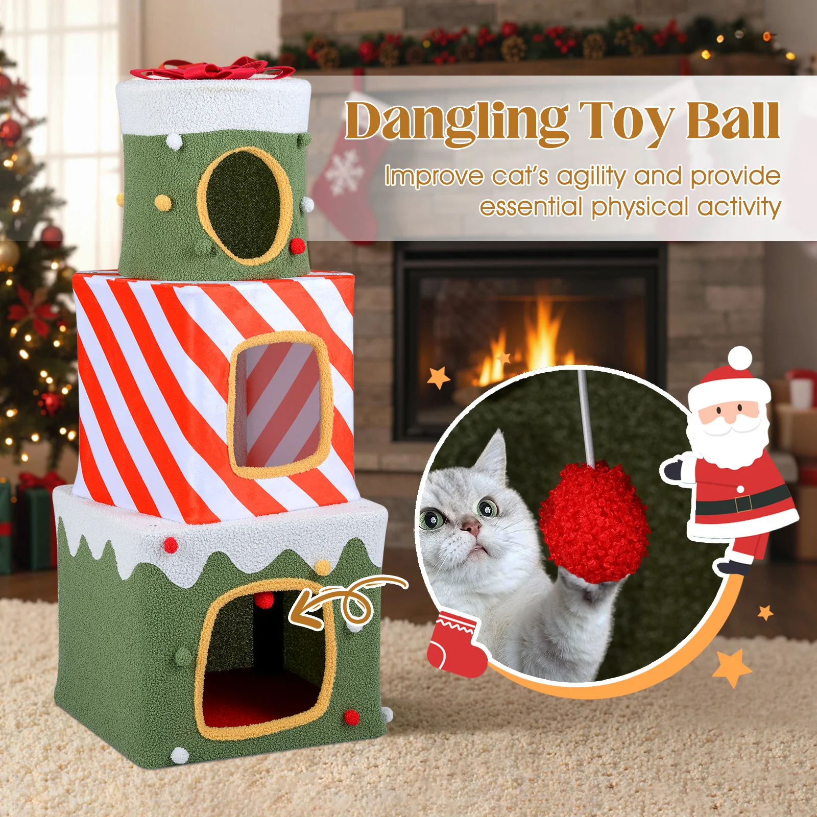 Christmas Cat Tree for Indoor Cats 47" Cute Cat Climbing Furniture with 3 Condos, Green - Image 9