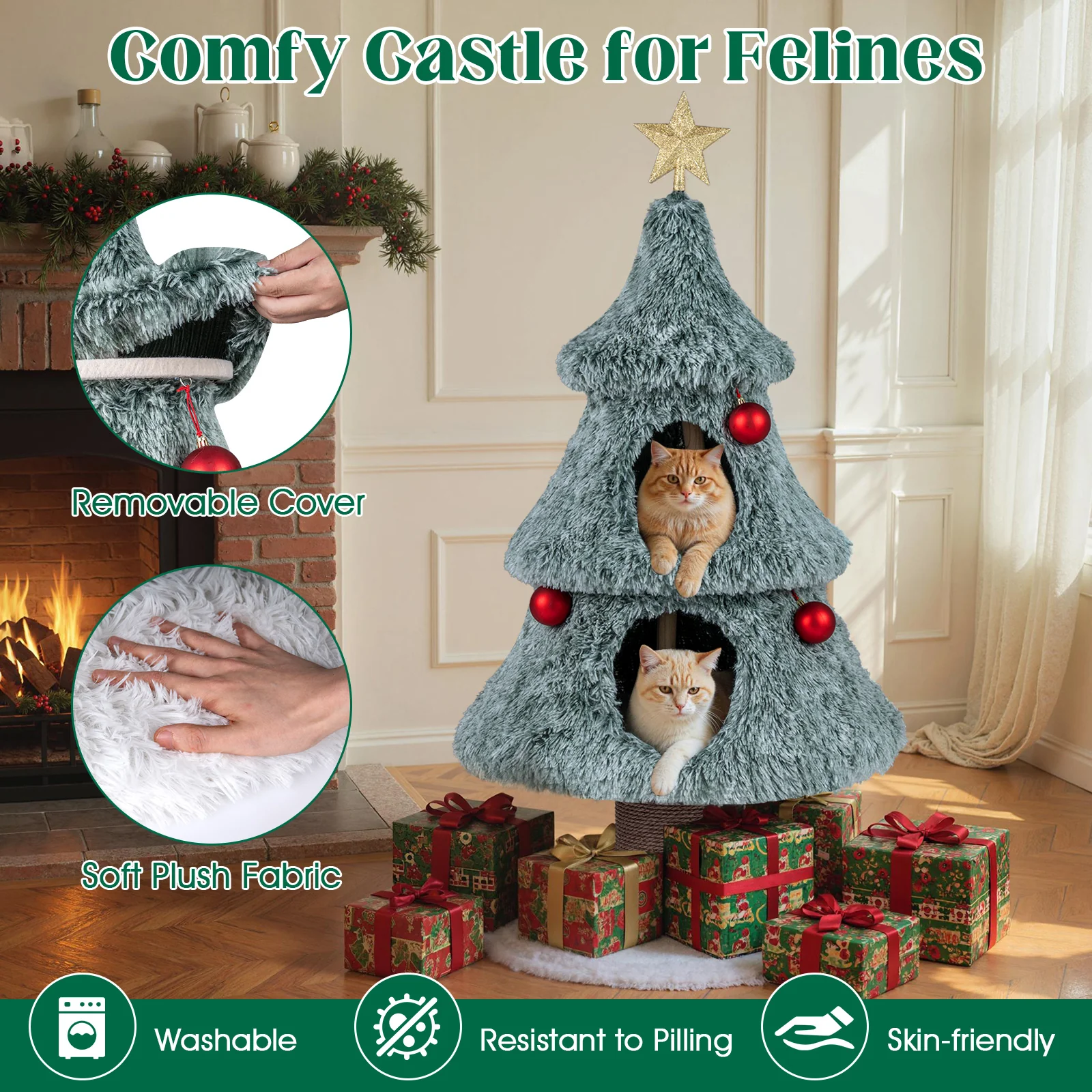 Christmas Cat Tree For Indoor Cats, 48.5 Inch, 2 Condos Scratching Post, Green - Image 10