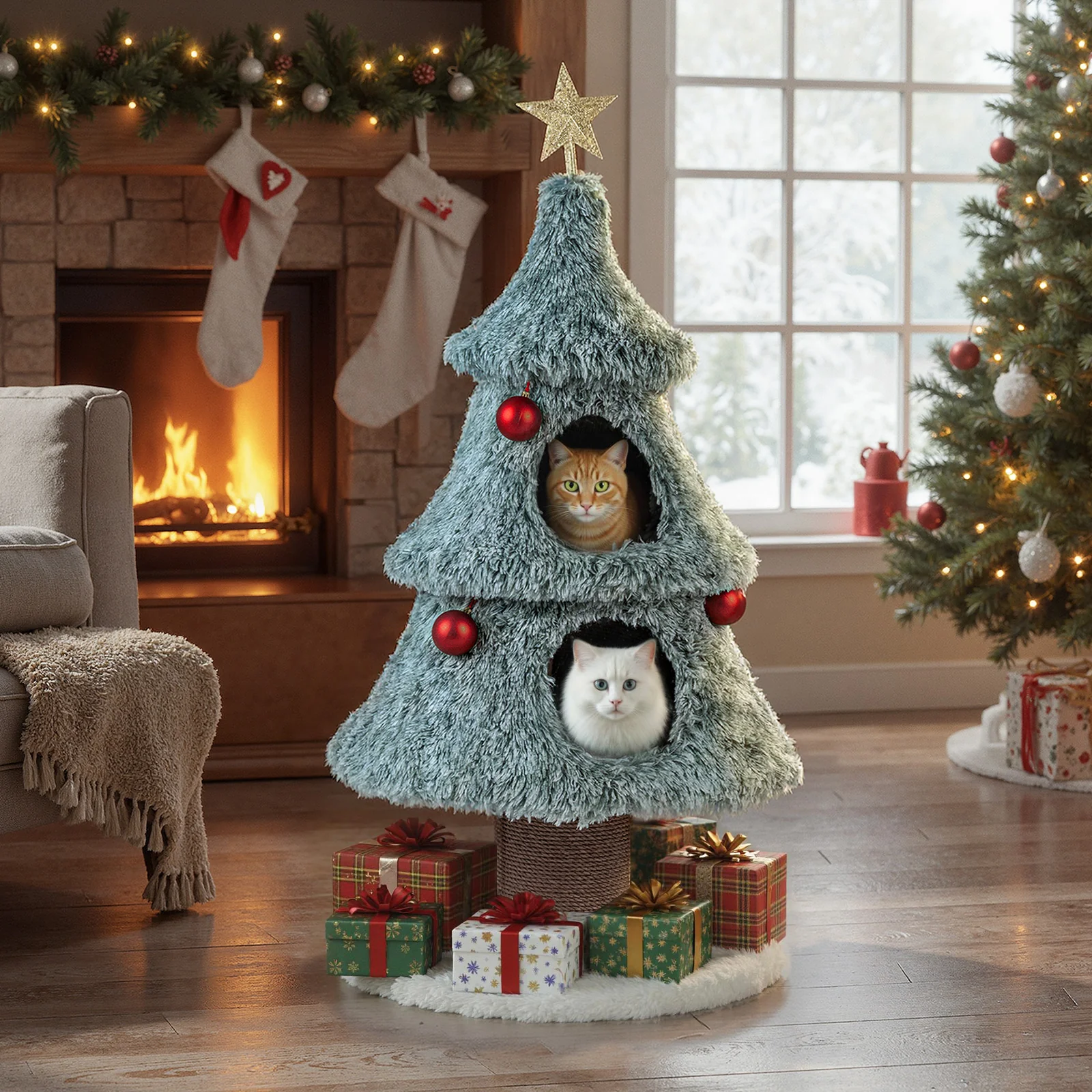 Christmas Cat Tree For Indoor Cats, 48.5 Inch, 2 Condos Scratching Post, Green - Image 2