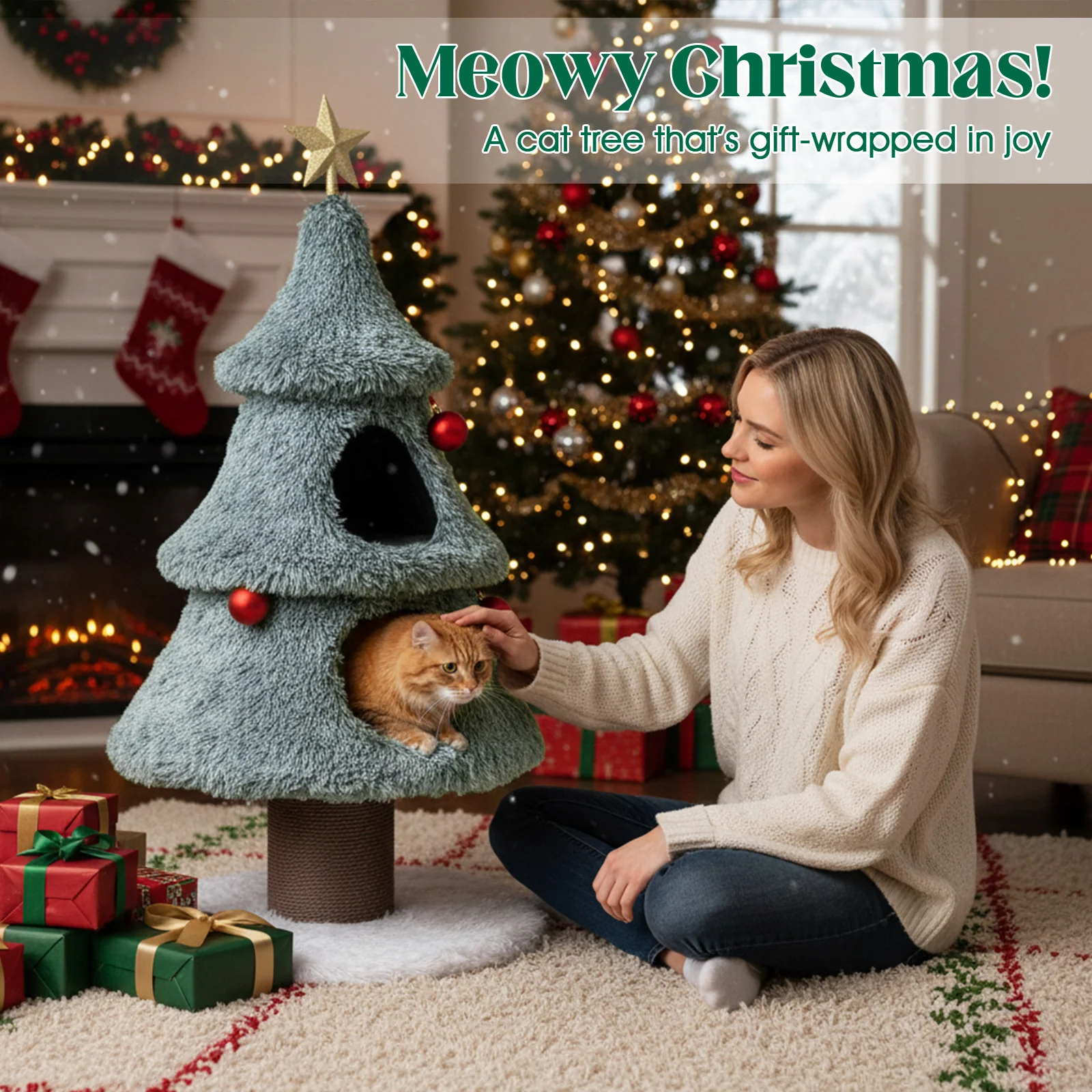 Christmas Cat Tree For Indoor Cats, 48.5 Inch, 2 Condos Scratching Post, Green - Image 3