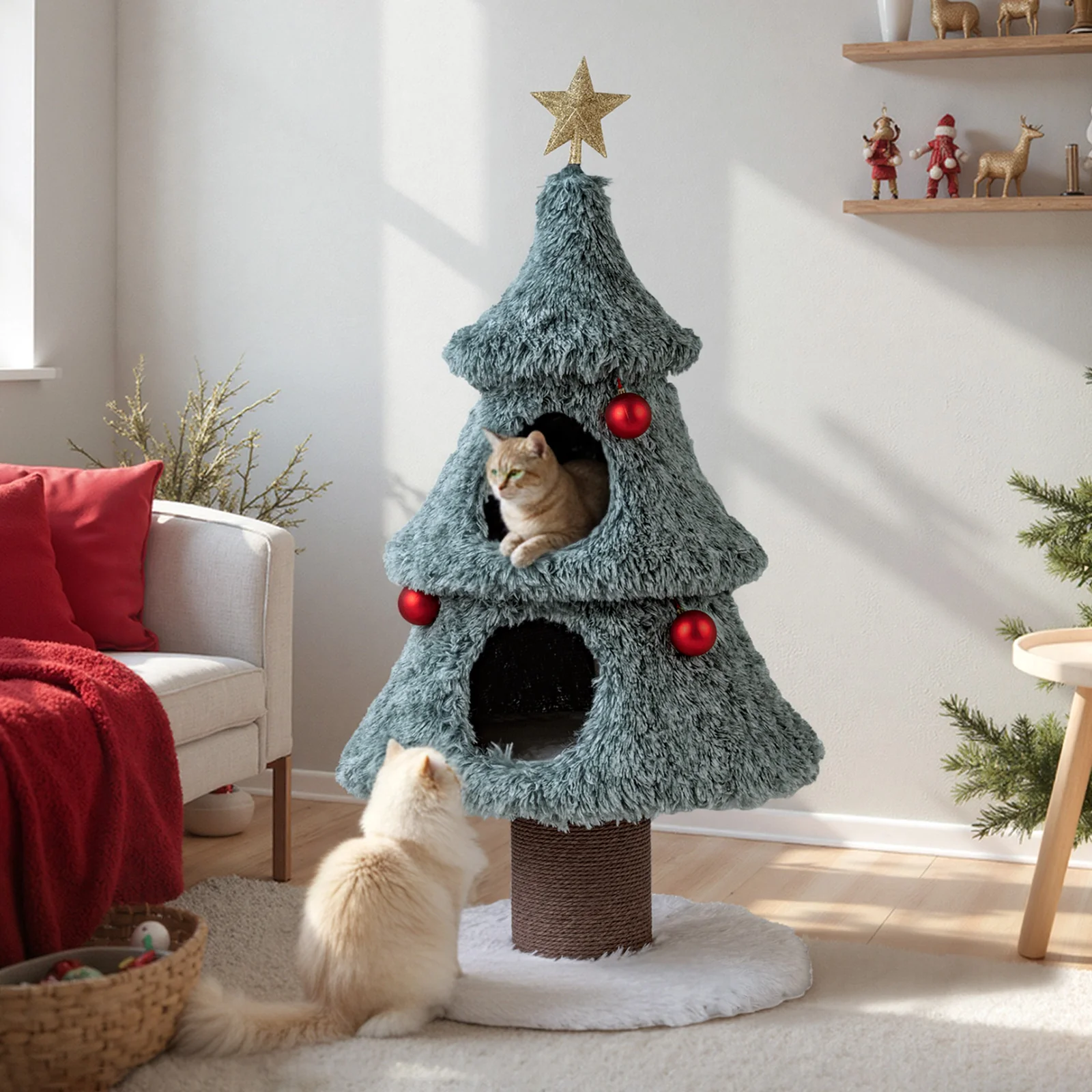 Christmas Cat Tree For Indoor Cats, 48.5 Inch, 2 Condos Scratching Post, Green - Image 6