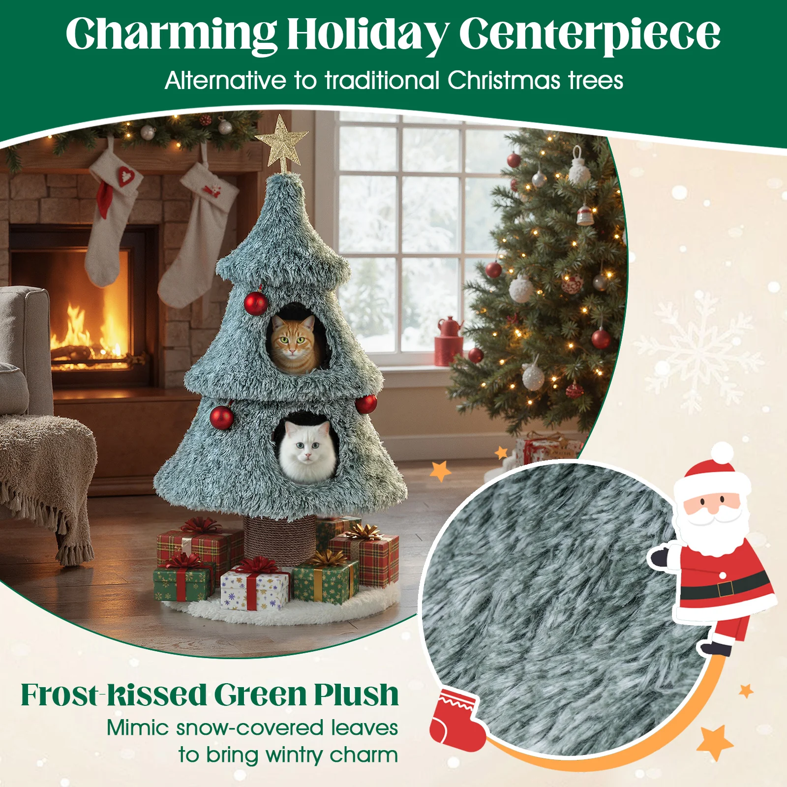 Christmas Cat Tree For Indoor Cats, 48.5 Inch, 2 Condos Scratching Post, Green - Image 7