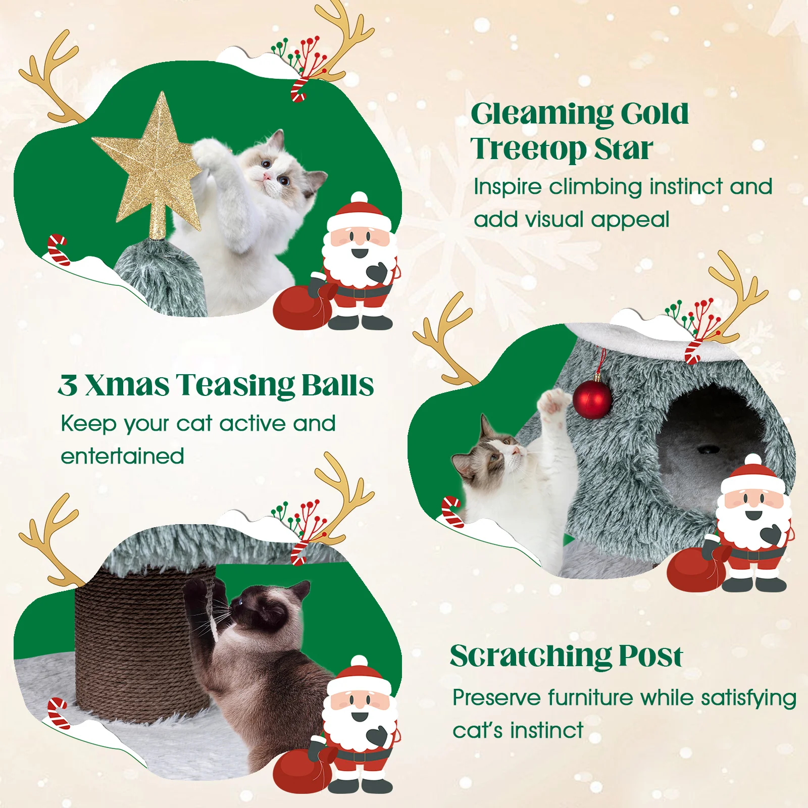 Christmas Cat Tree For Indoor Cats, 48.5 Inch, 2 Condos Scratching Post, Green - Image 9