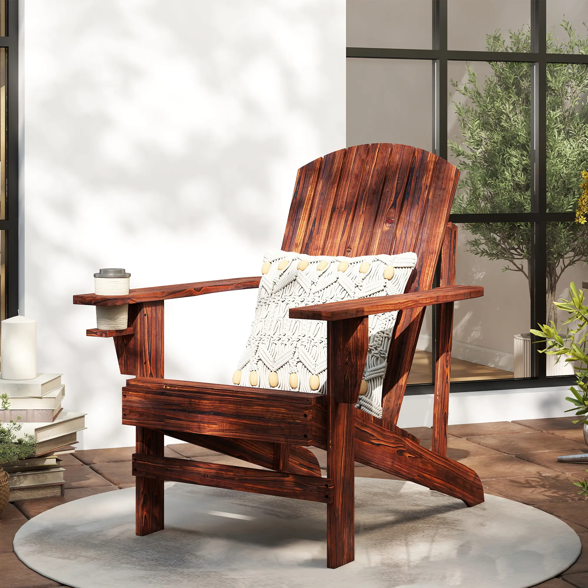 Classic Adirondack Chair, Garden Deck Chair with Cup Holder, Brown - Image 2