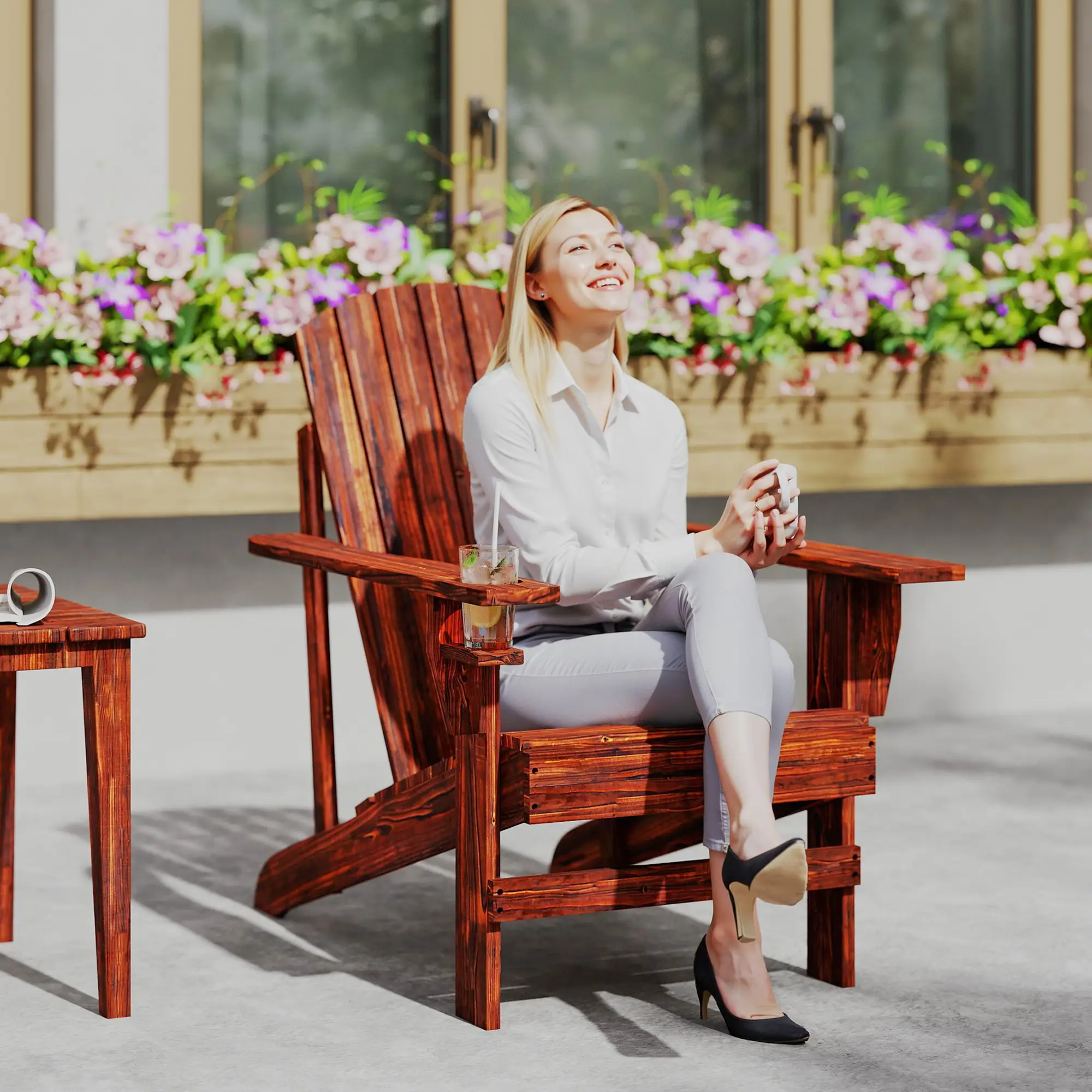 Classic Adirondack Chair, Garden Deck Chair with Cup Holder, Brown - Image 9