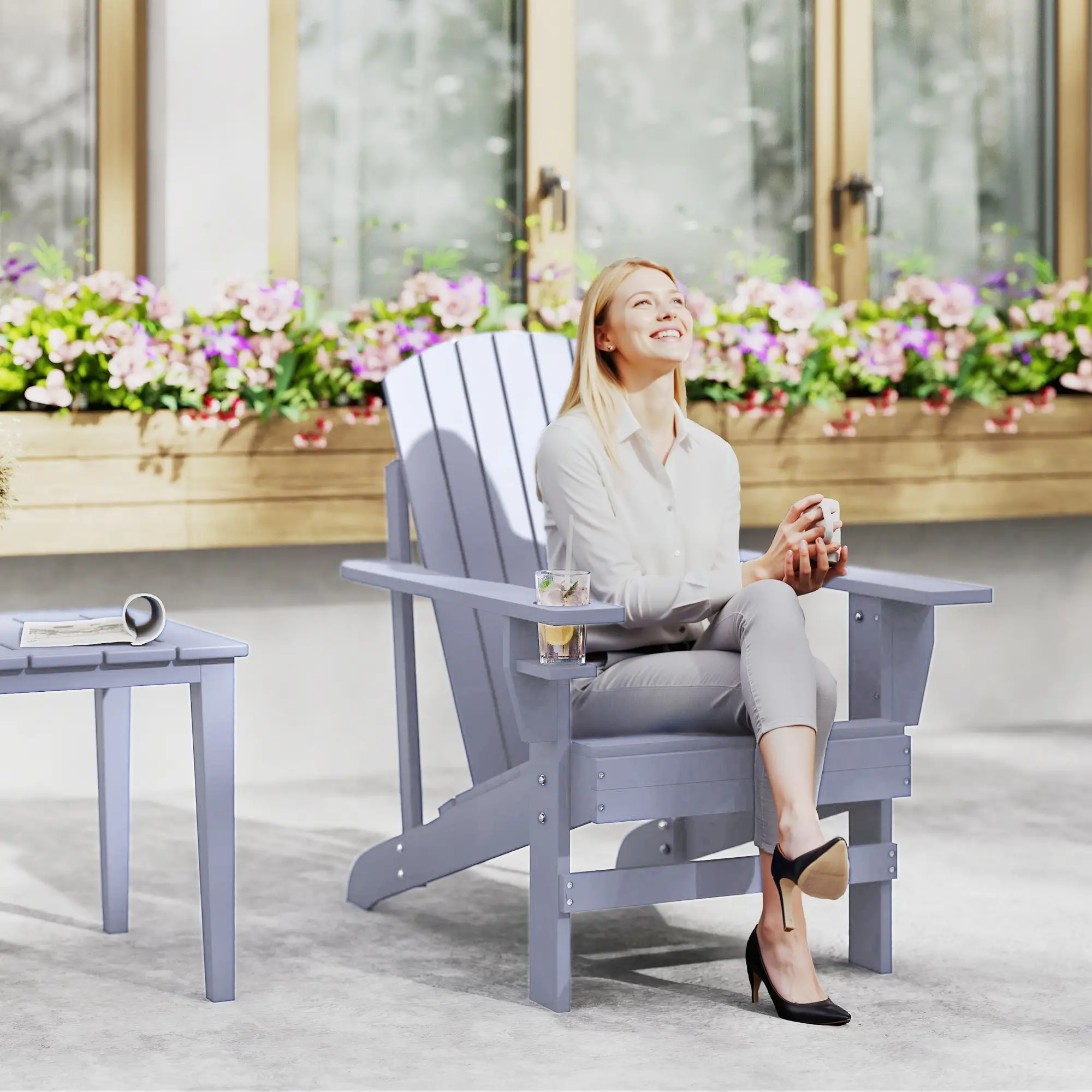 Classic Adirondack Chair, Garden Deck Chair with Cup Holder, Grey - Image 8