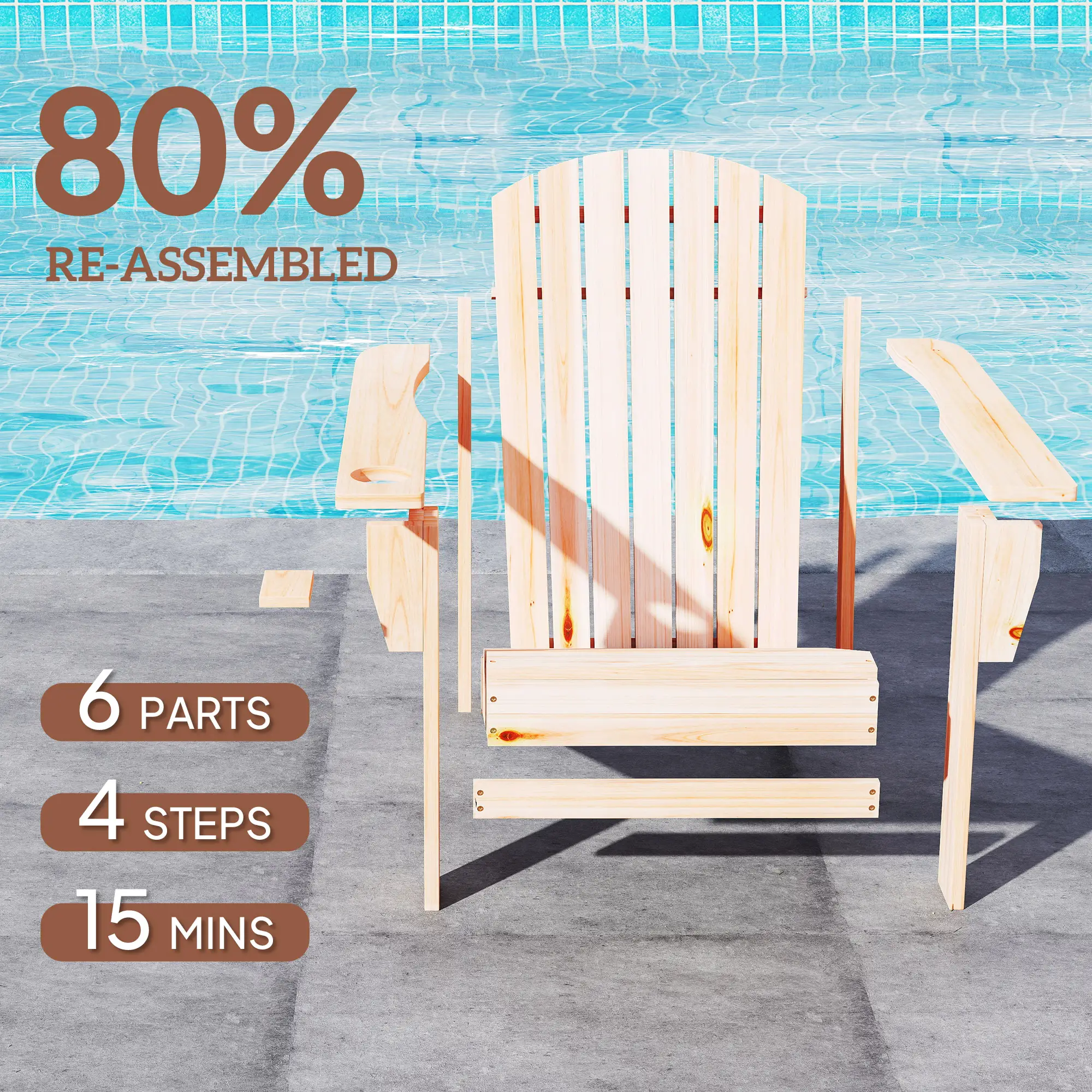 Classic Adirondack Chair, Garden Deck Chair with Cup Holder, Natural - Image 5
