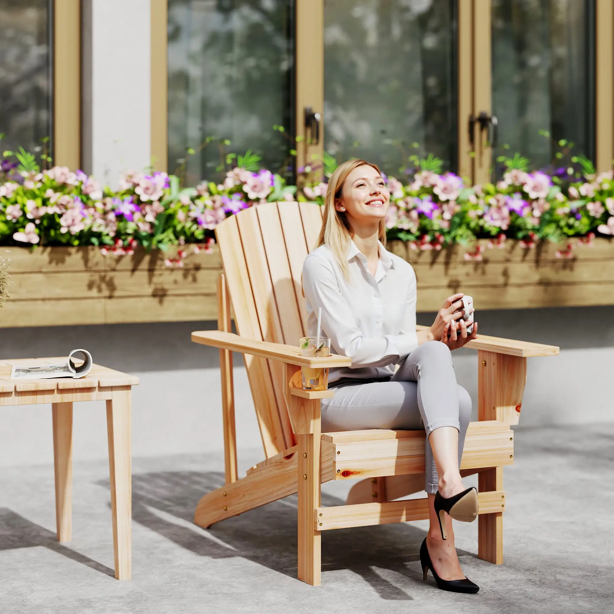 Classic Adirondack Chair, Garden Deck Chair with Cup Holder, Natural - Image 8