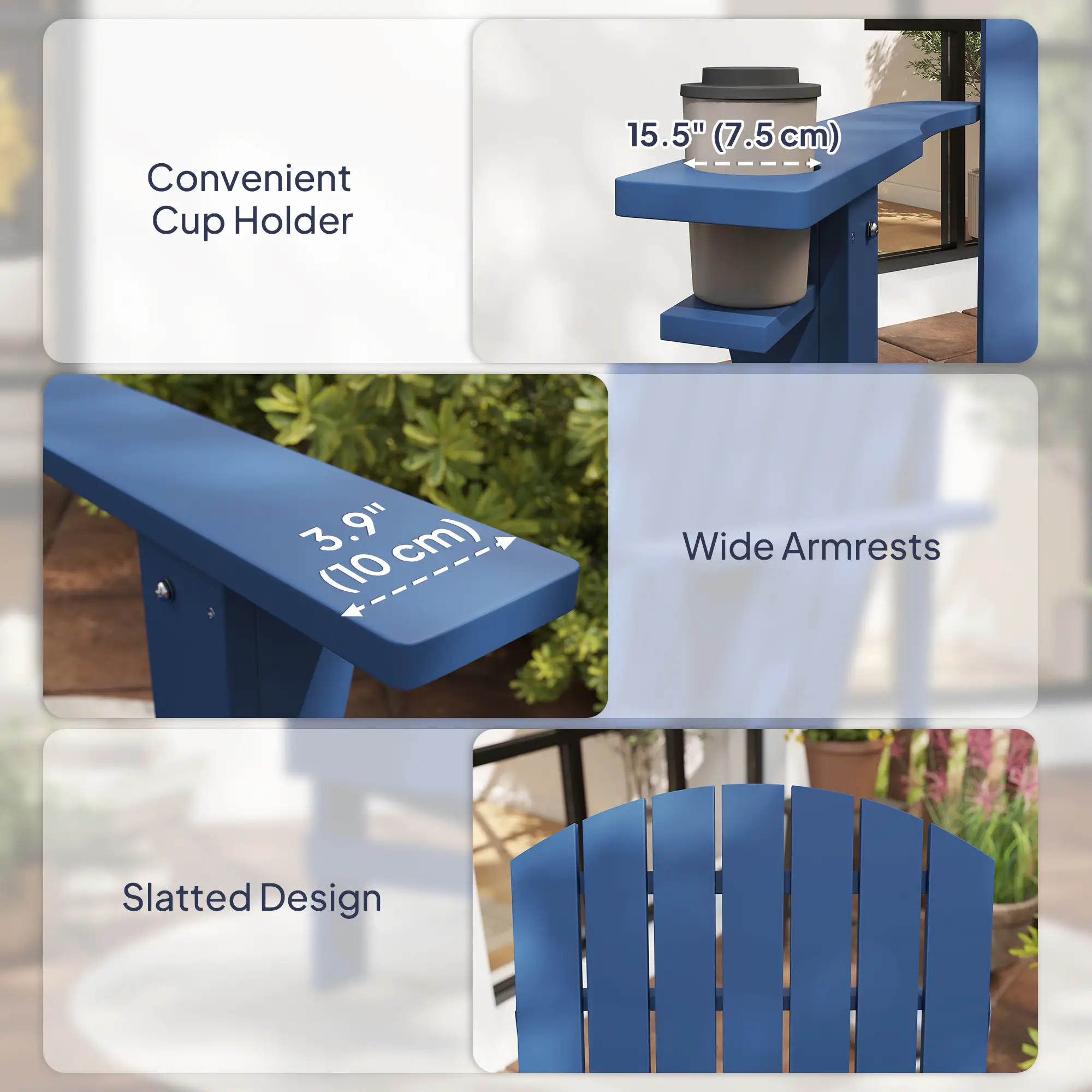 Classic Adirondack Chair, Garden Deck Chair with Cup Holder, Navy Blue - Image 9