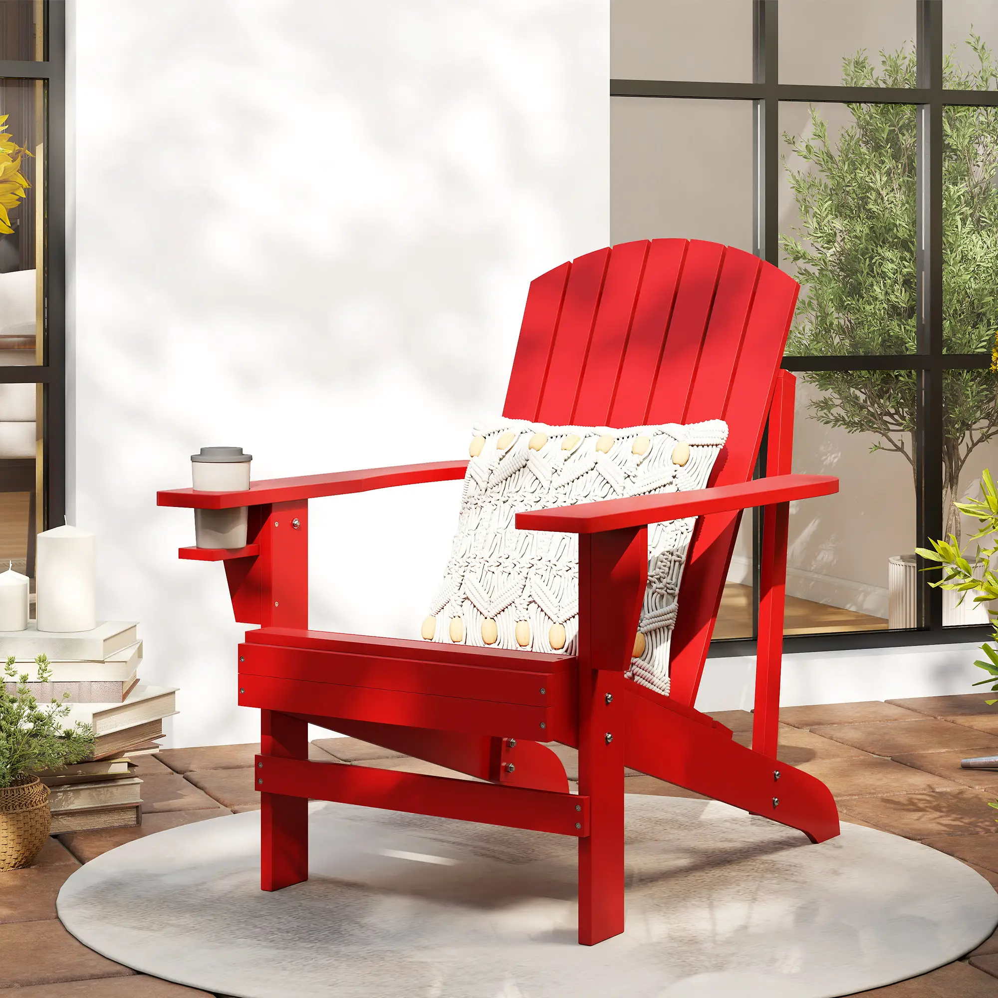 Classic Adirondack Chair, Garden Deck Chair with Cup Holder, Red - Image 2
