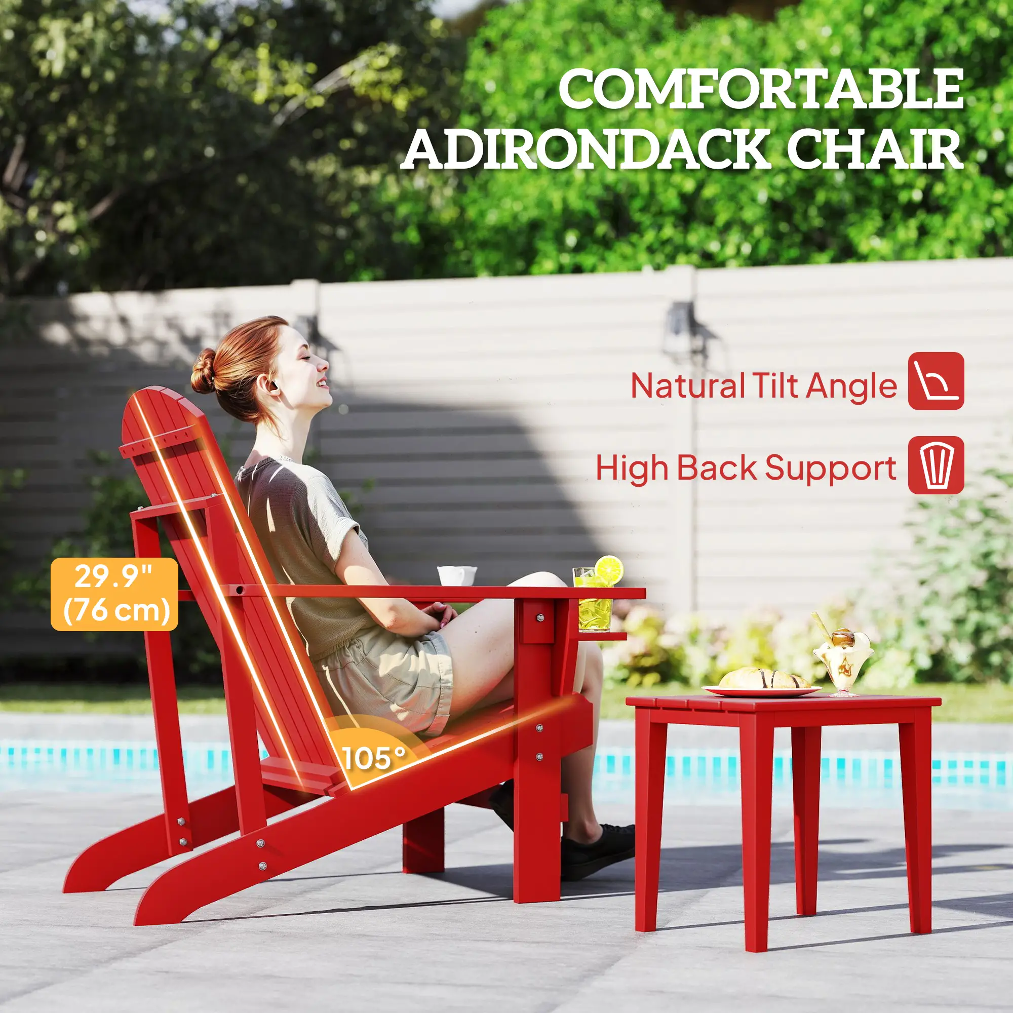 Classic Adirondack Chair, Garden Deck Chair with Cup Holder, Red - Image 4