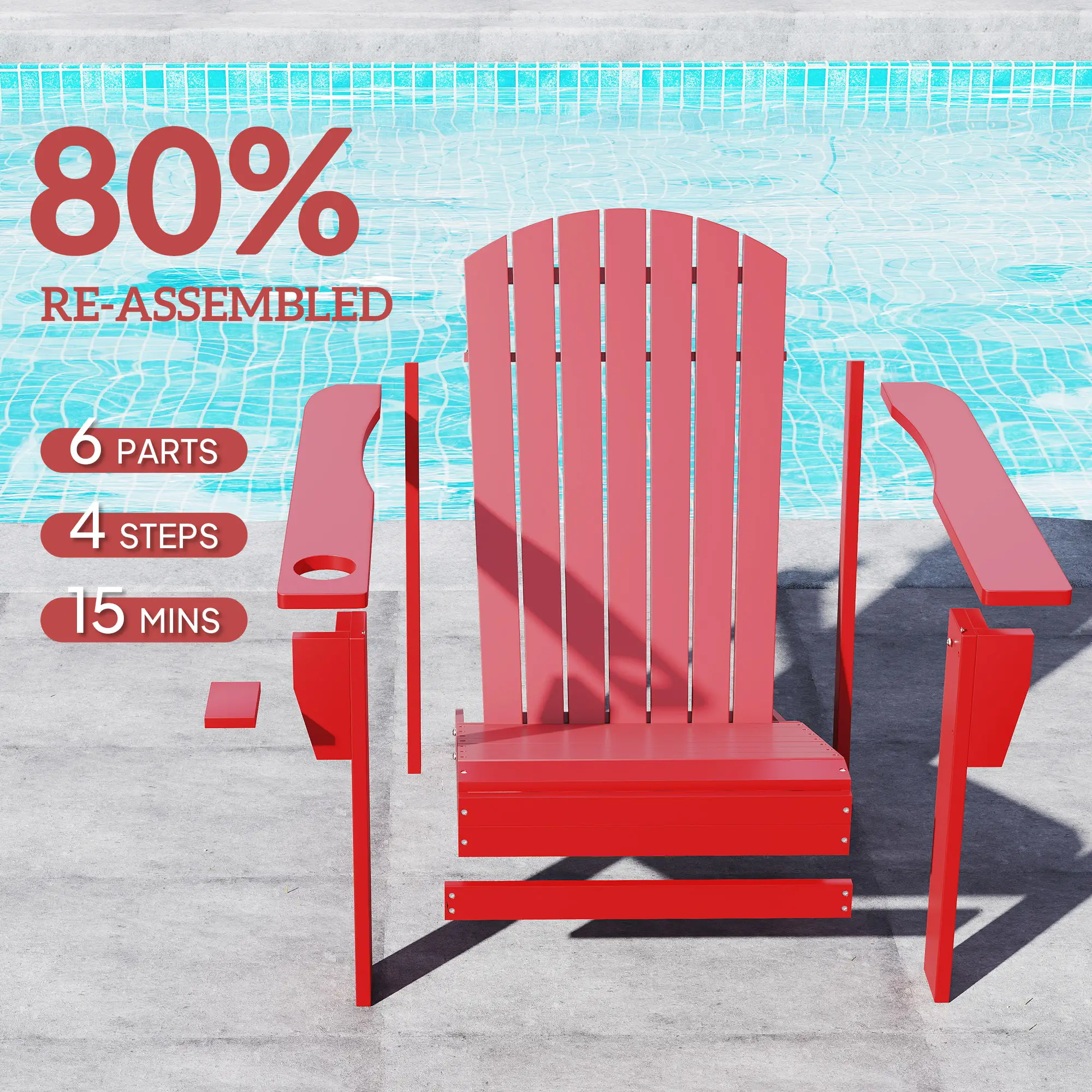 Classic Adirondack Chair, Garden Deck Chair with Cup Holder, Red - Image 5