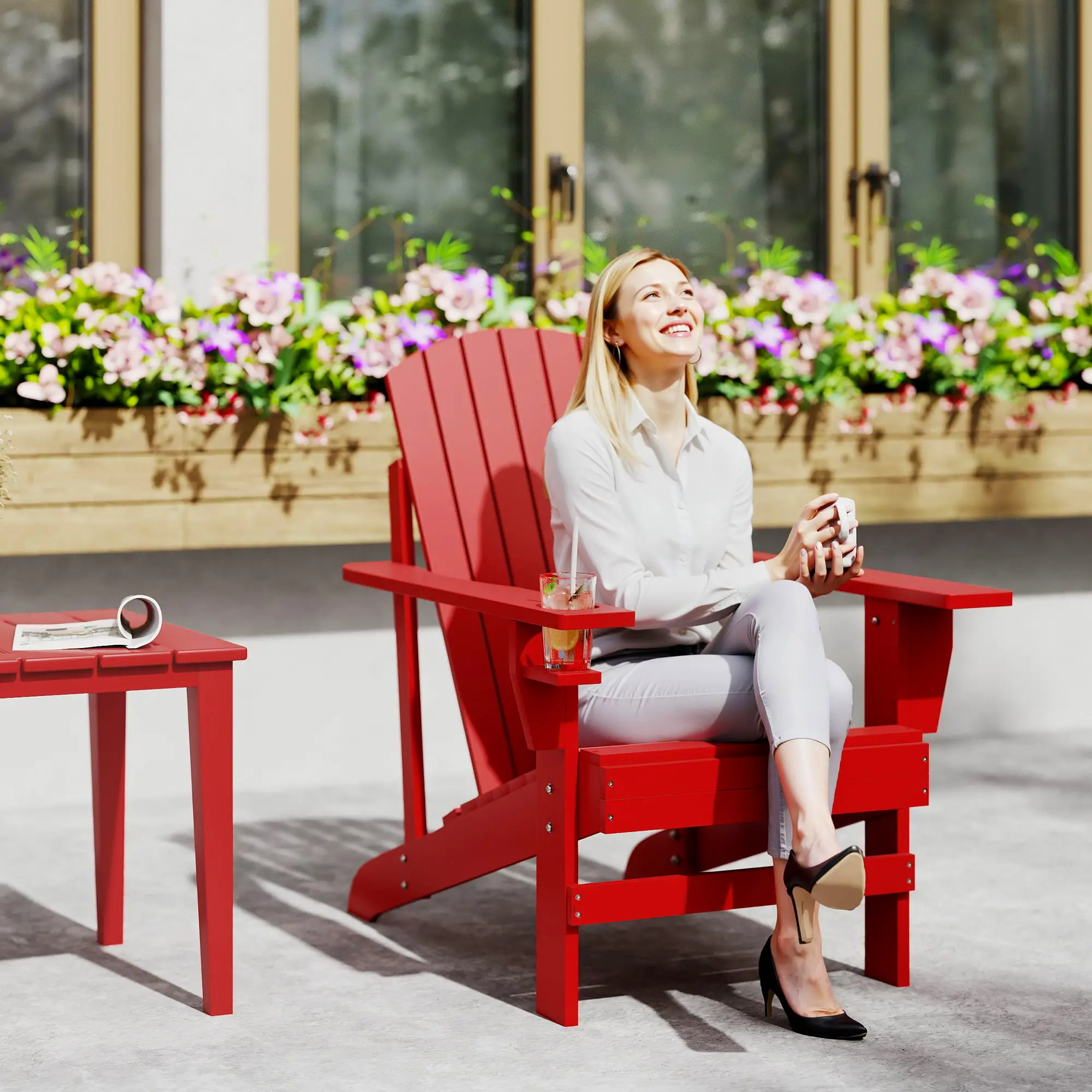 Classic Adirondack Chair, Garden Deck Chair with Cup Holder, Red - Image 8