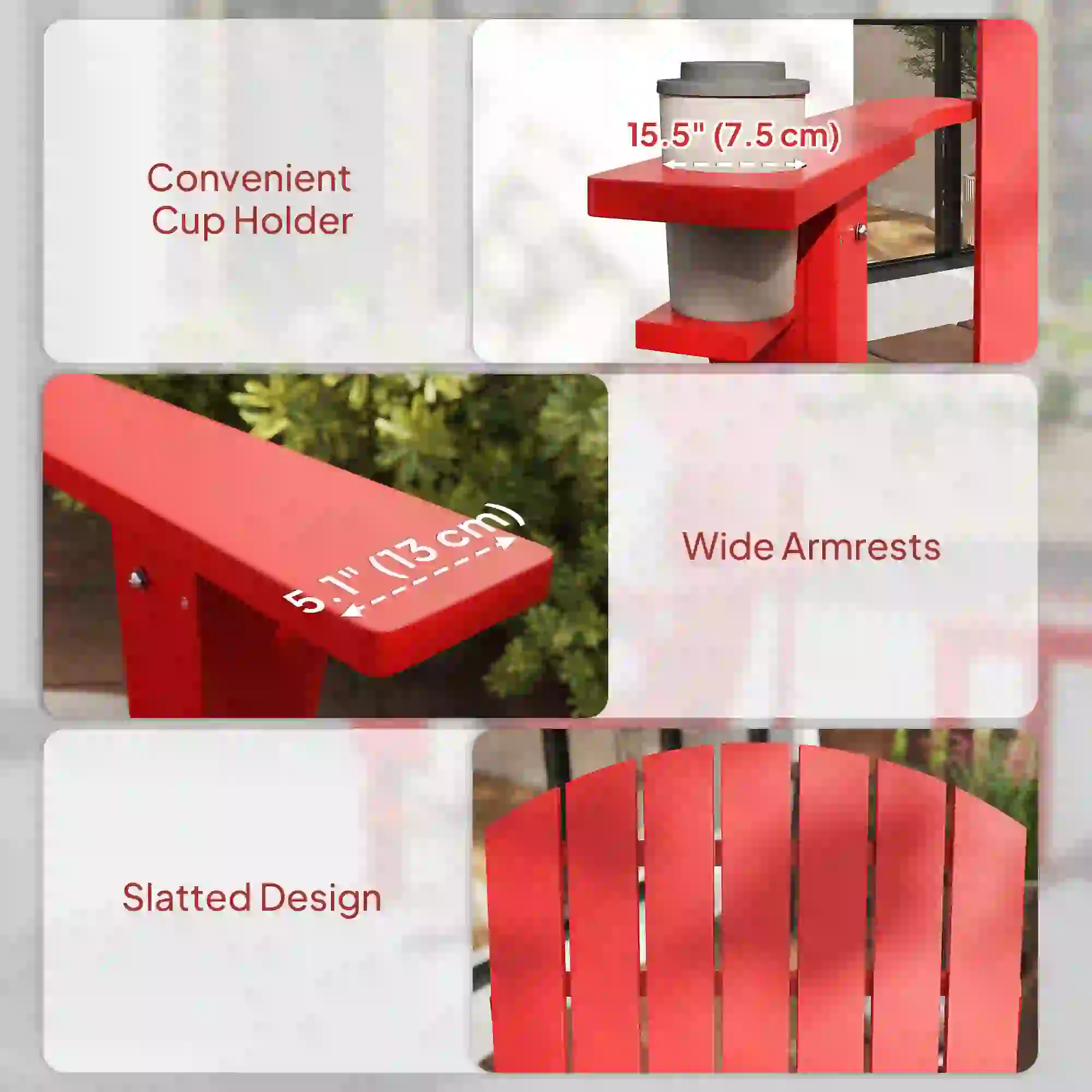 Classic Adirondack Chair, Garden Deck Chair with Cup Holder, Red - Image 9