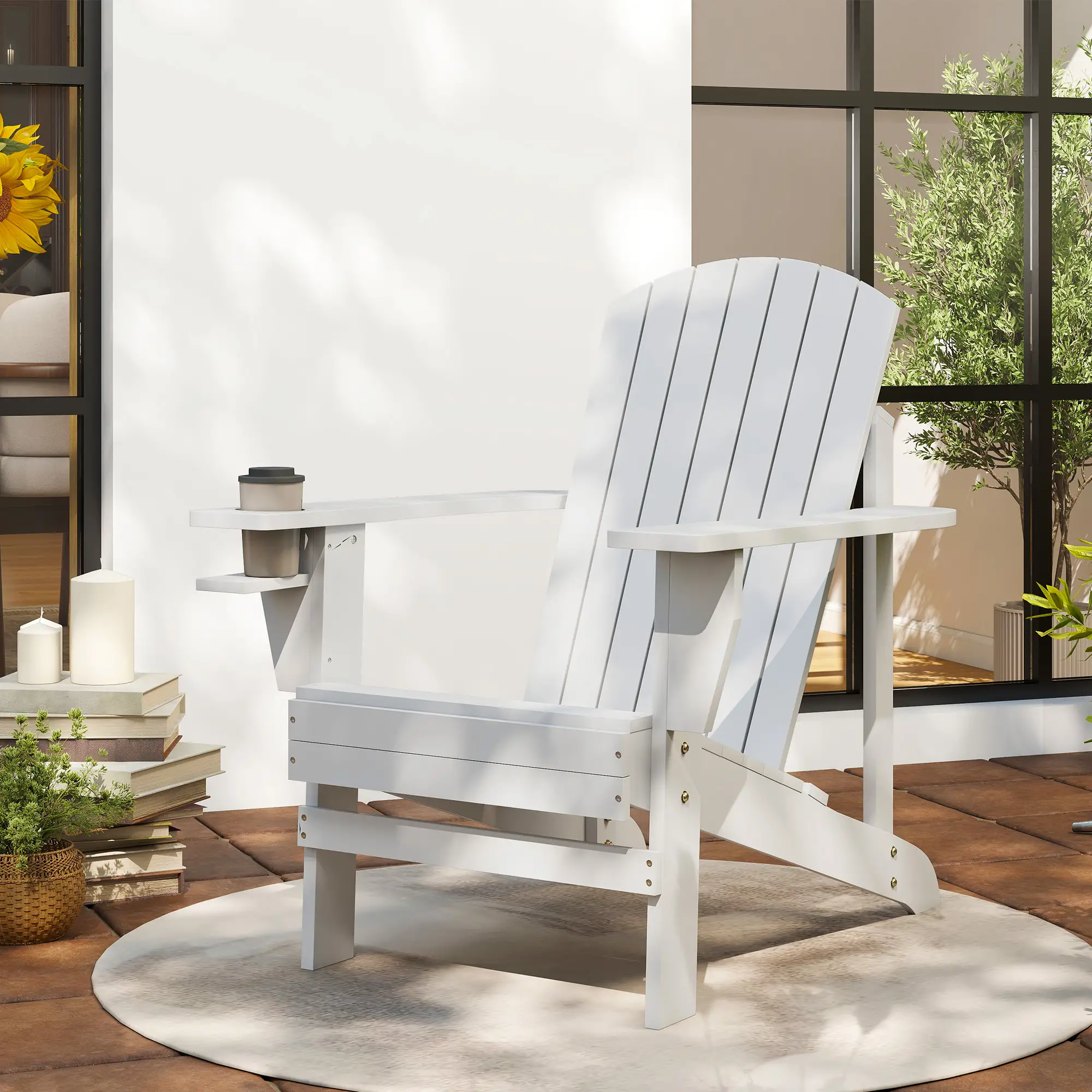 Classic Adirondack Chair, Garden Deck Chair with Cup Holder, White - Image 2