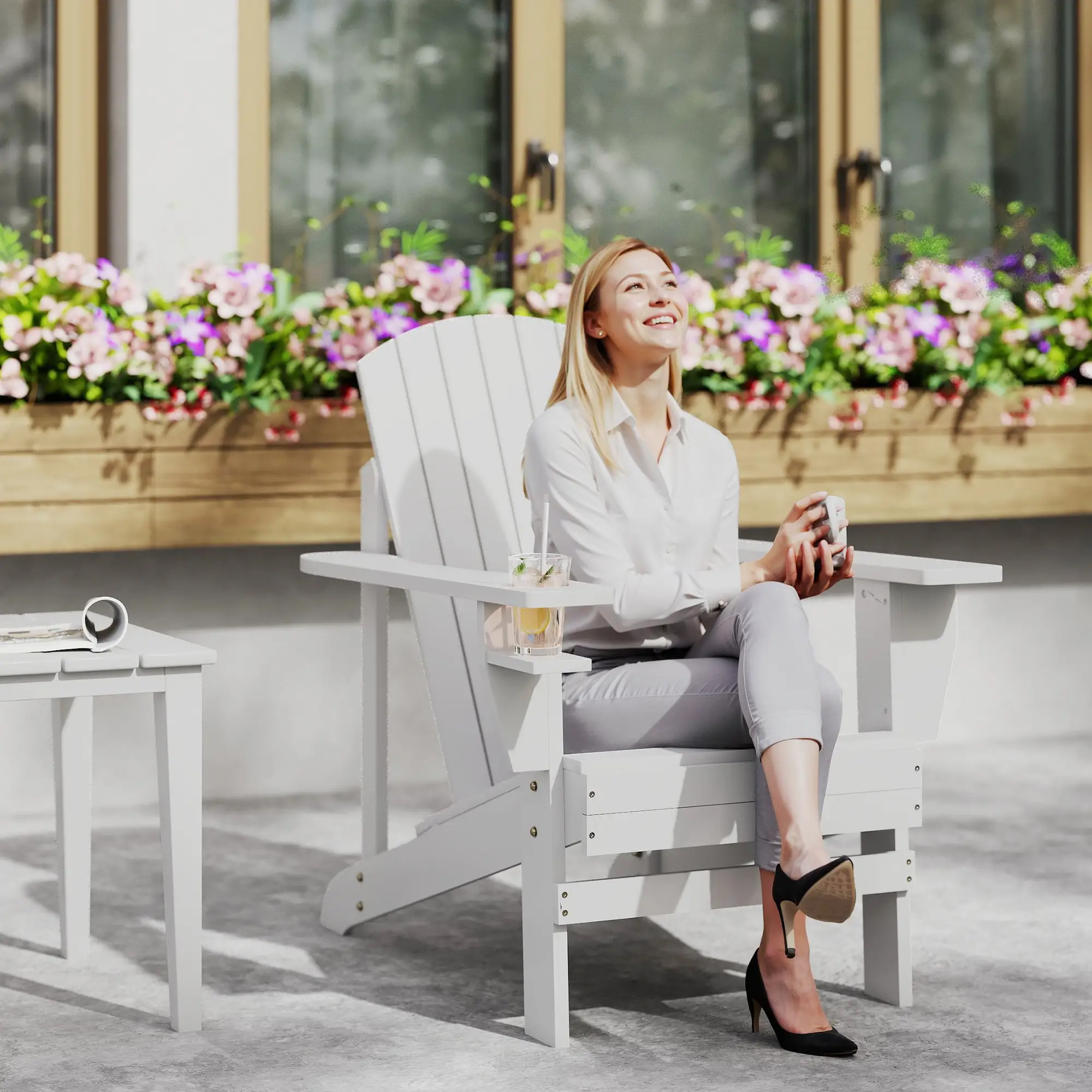 Classic Adirondack Chair, Garden Deck Chair with Cup Holder, White - Image 8