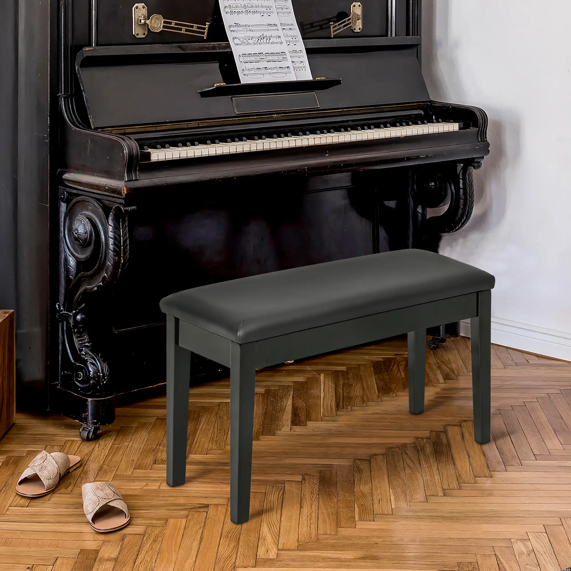 Classic Piano Bench, PU Leather, Rubber Wood Legs, Music Storage, Black - Image 8