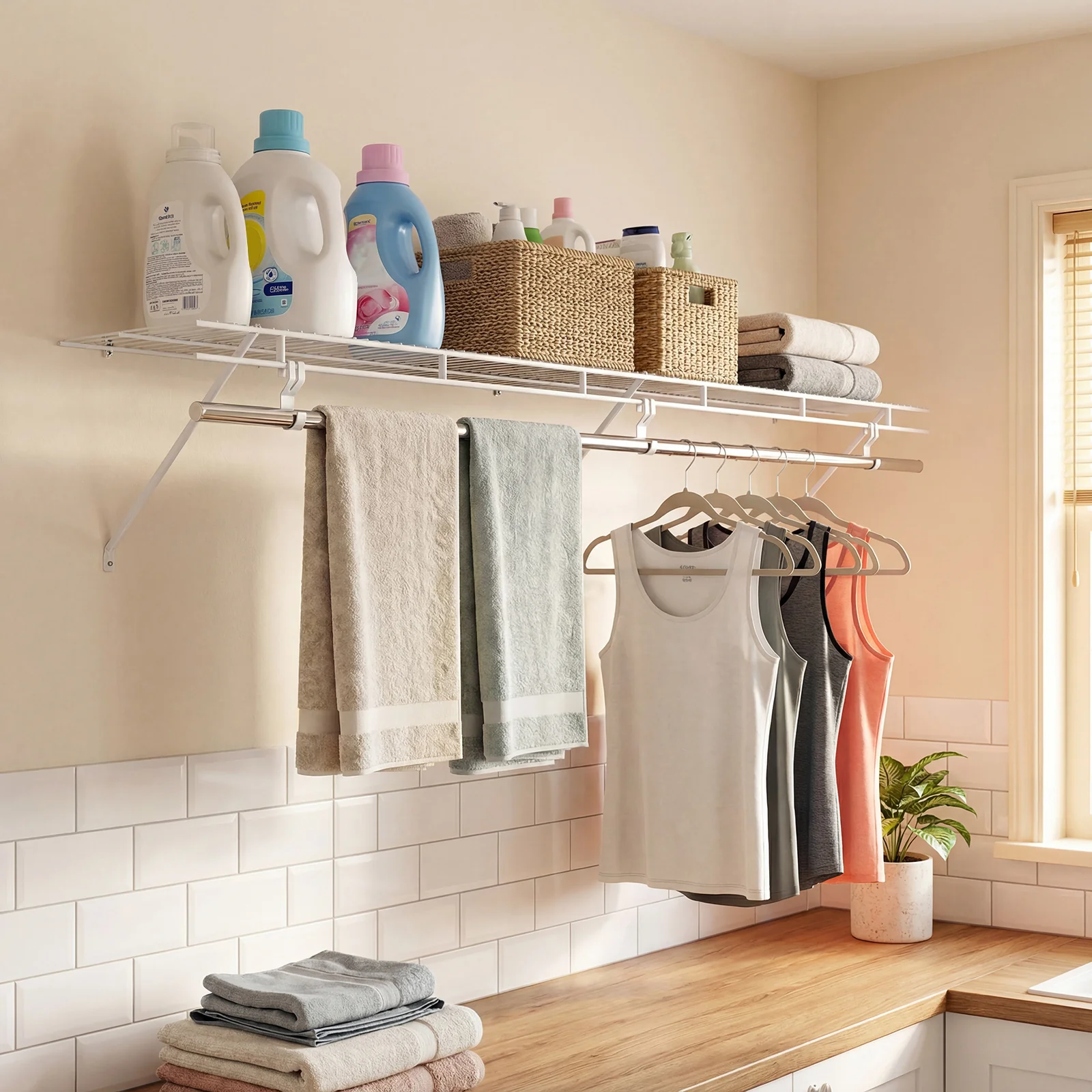 Closet Shelves Wall Mounted with Hanging Rod for Laundry Room - Image 3