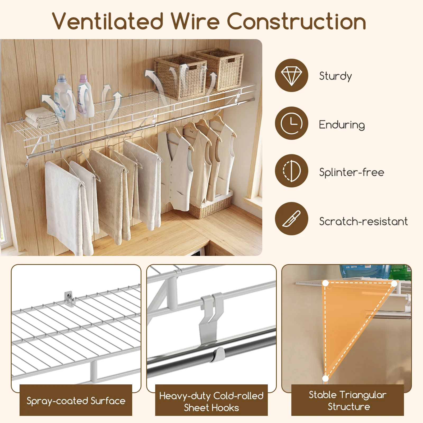 Closet Shelves Wall Mounted with Hanging Rod for Laundry Room - Image 9