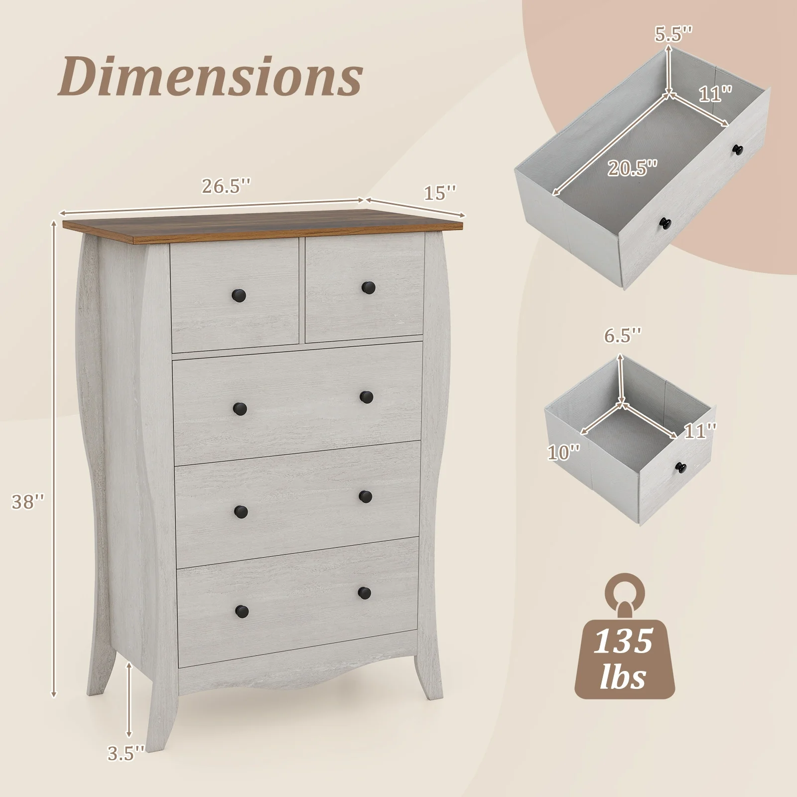 Closet Storage Organizer, 5 Fabric Drawers, Anti-Tipping Kit, Gray - Image 5