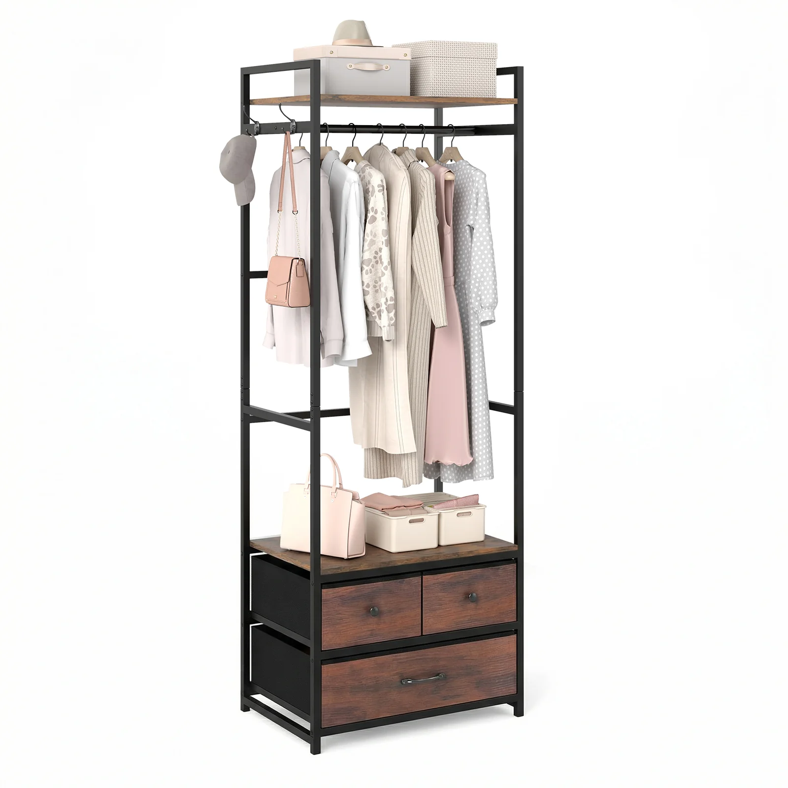 Clothes Rack With Drawers, Shelves, Side Hooks, Metal Frame, Brown
