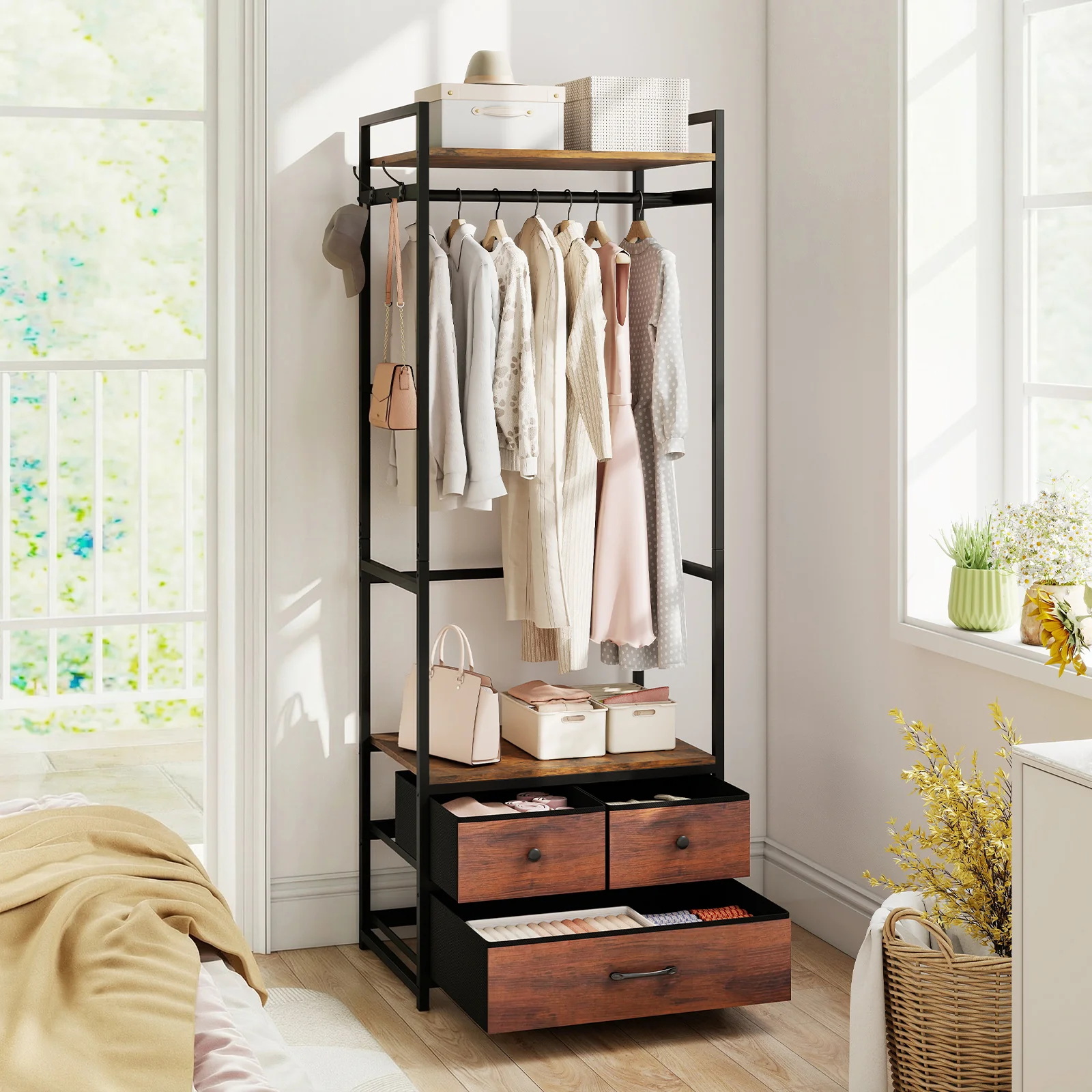 Clothes Rack With Drawers, Shelves, Side Hooks, Metal Frame, Brown - Image 2