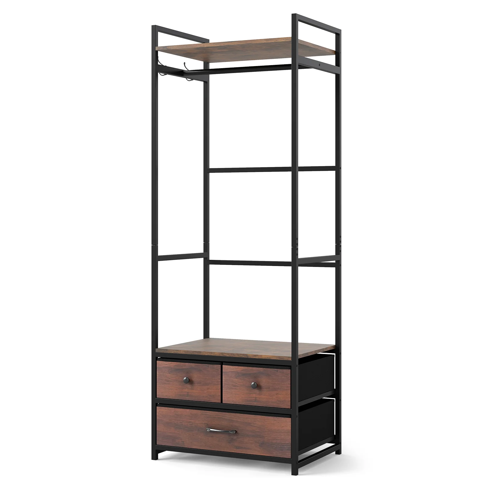 Clothes Rack With Drawers, Shelves, Side Hooks, Metal Frame, Brown - Image 4